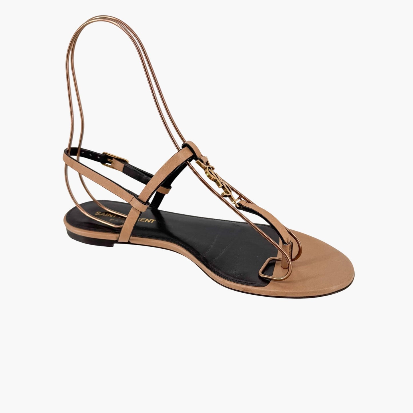Saint Laurent Cassandra YSL Logo T-Strap Flat Sandals in Tan Leather – Size 37