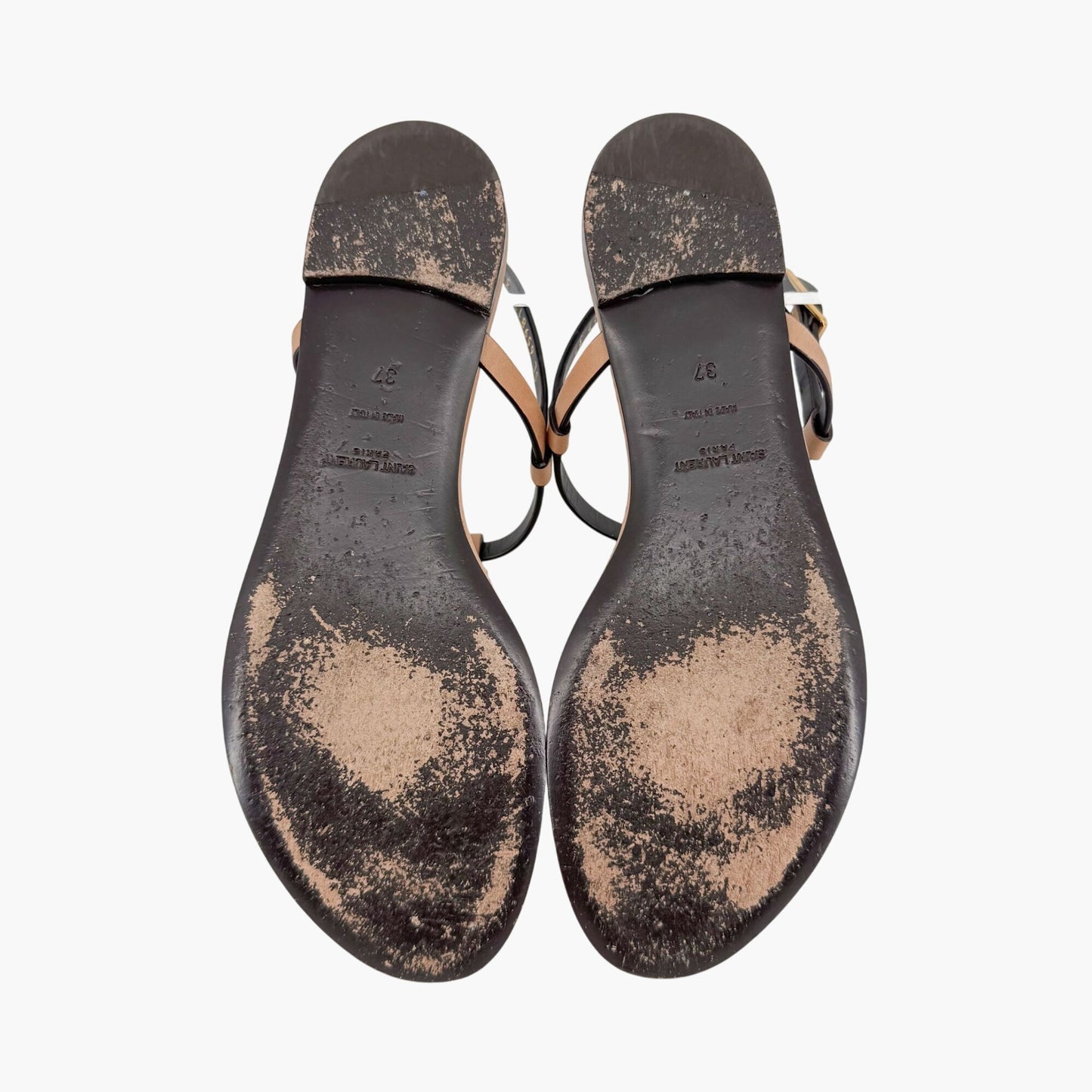 Saint Laurent Cassandra YSL Logo T-Strap Flat Sandals in Tan Leather – Size 37