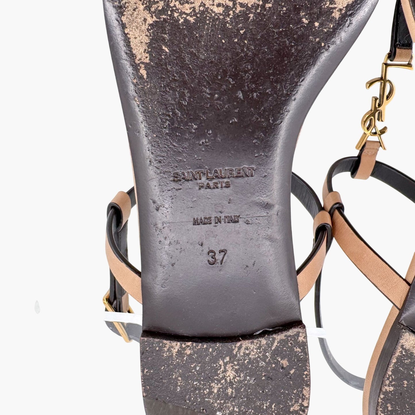 Saint Laurent Cassandra YSL Logo T-Strap Flat Sandals in Tan Leather – Size 37