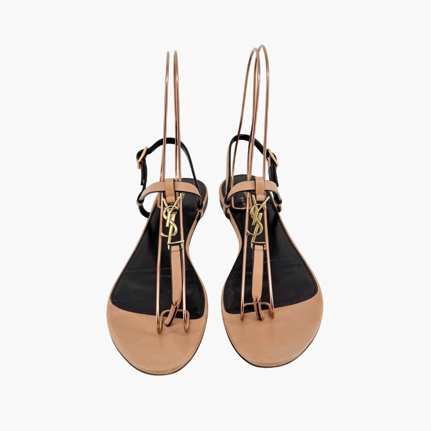 Saint Laurent Cassandra YSL Logo T-Strap Flat Sandals in Tan Leather – Size 37