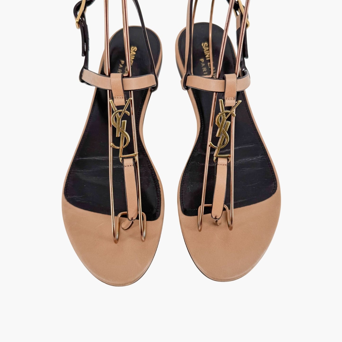 Saint Laurent Cassandra YSL Logo T-Strap Flat Sandals in Tan Leather – Size 37
