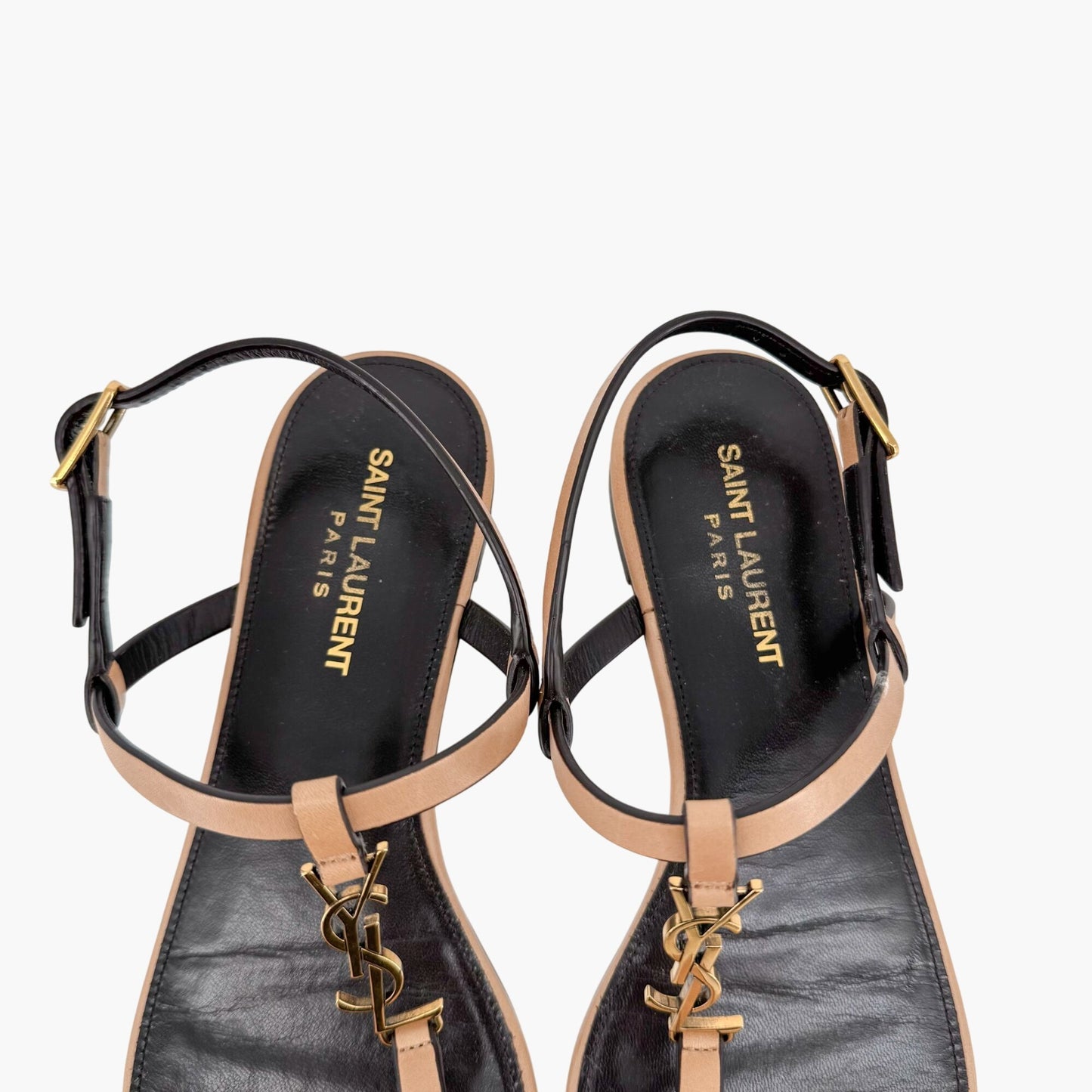 Saint Laurent Cassandra YSL Logo T-Strap Flat Sandals in Tan Leather – Size 37