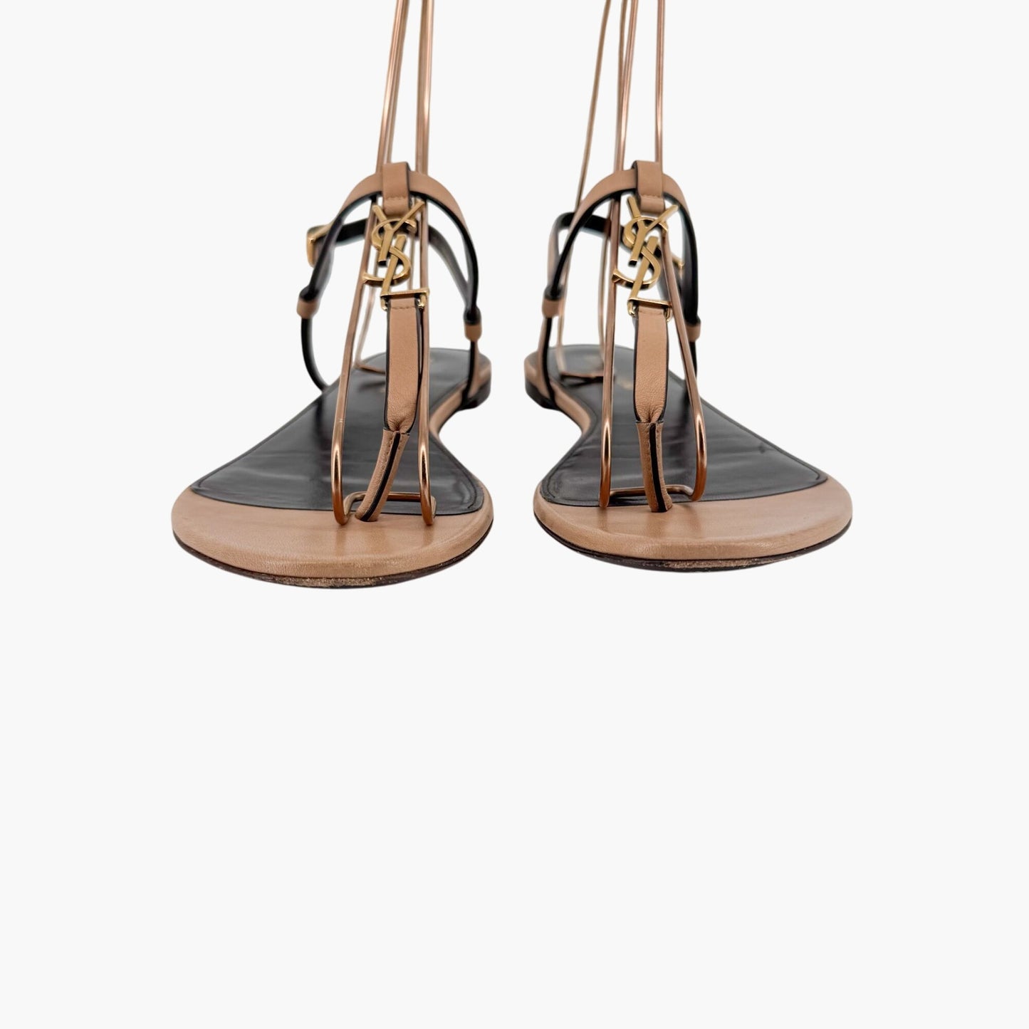 Saint Laurent Cassandra YSL Logo T-Strap Flat Sandals in Tan Leather – Size 37