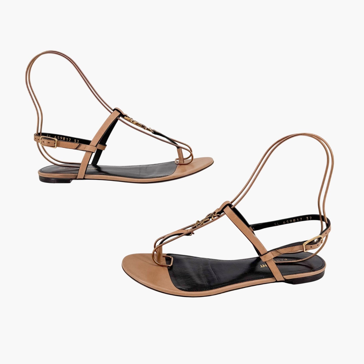 Saint Laurent Cassandra YSL Logo T-Strap Flat Sandals in Tan Leather – Size 37