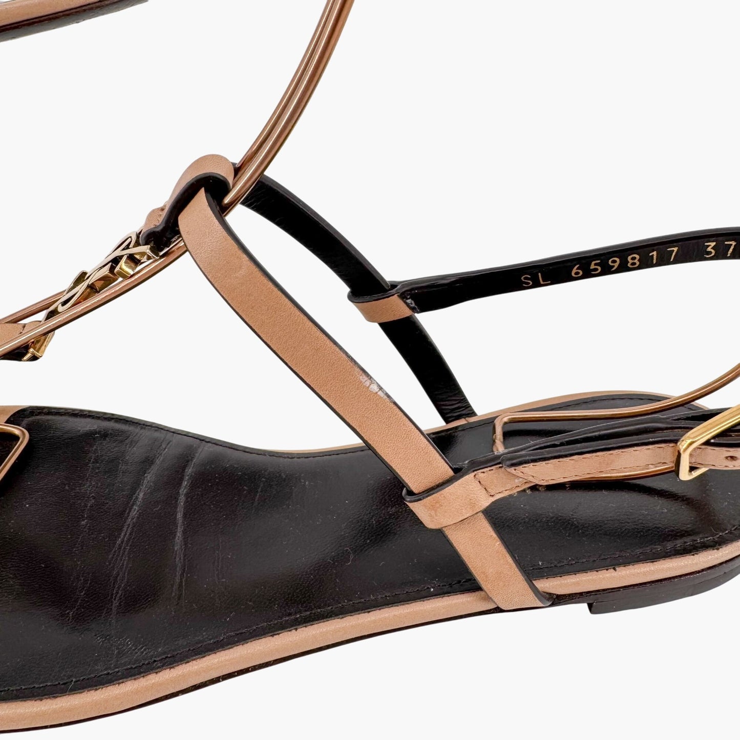 Saint Laurent Cassandra YSL Logo T-Strap Flat Sandals in Tan Leather – Size 37