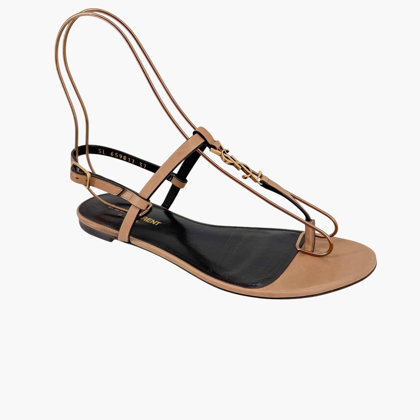 Saint Laurent Cassandra YSL Logo T-Strap Flat Sandals in Tan Leather – Size 37