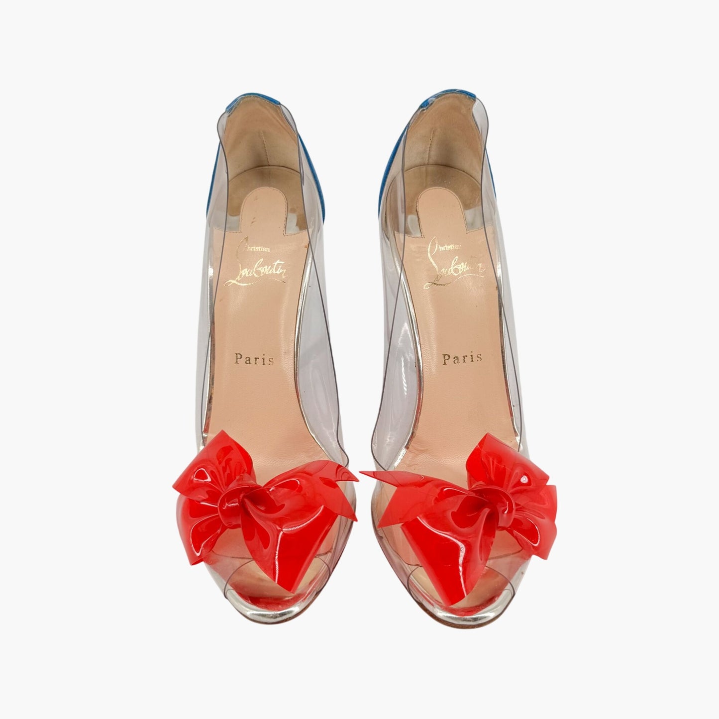 Christian Louboutin Tip Peep Toe Pumps in Clear PVC with Red Bow – Size 41