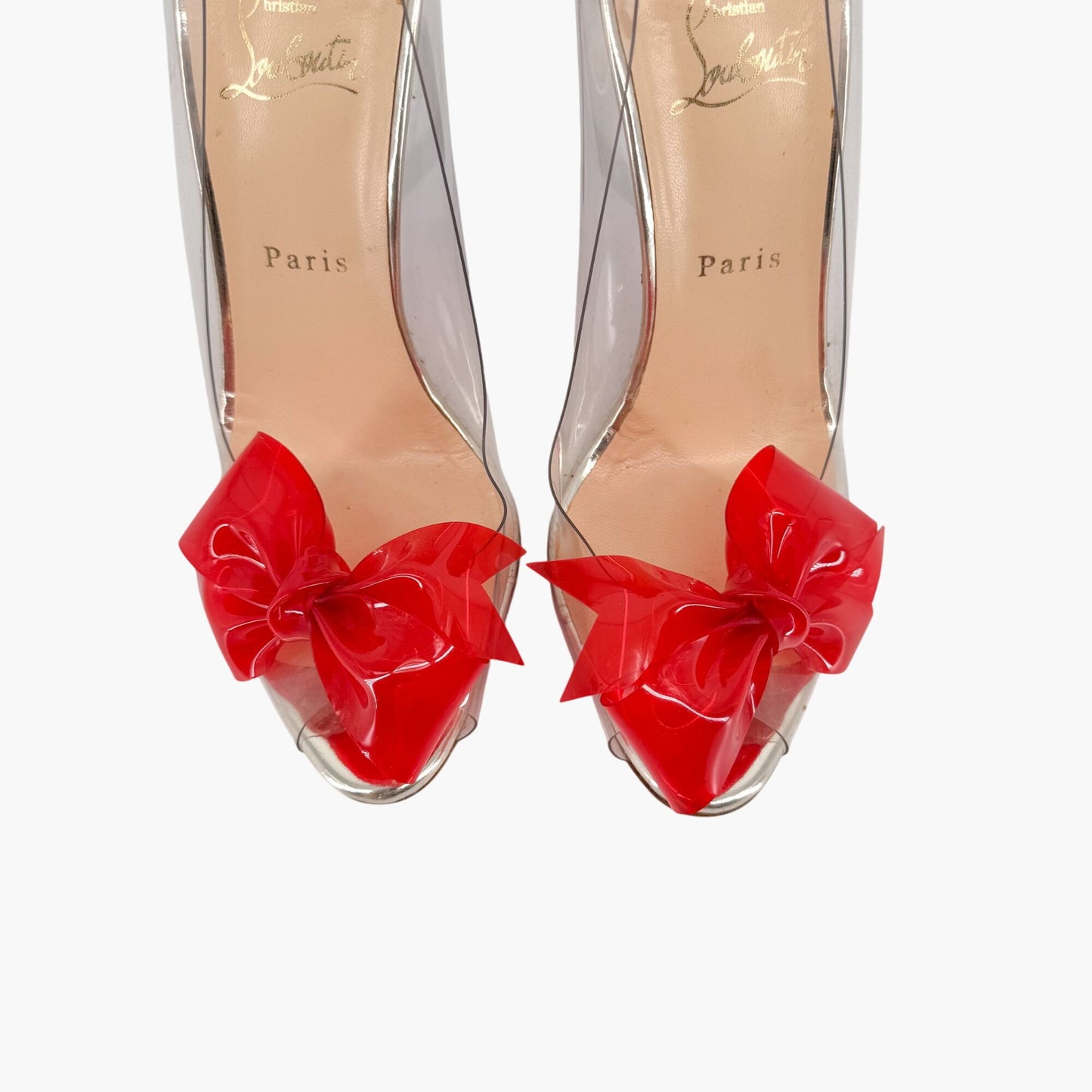 Christian Louboutin Tip Peep Toe Pumps in Clear PVC with Red Bow – Size 41