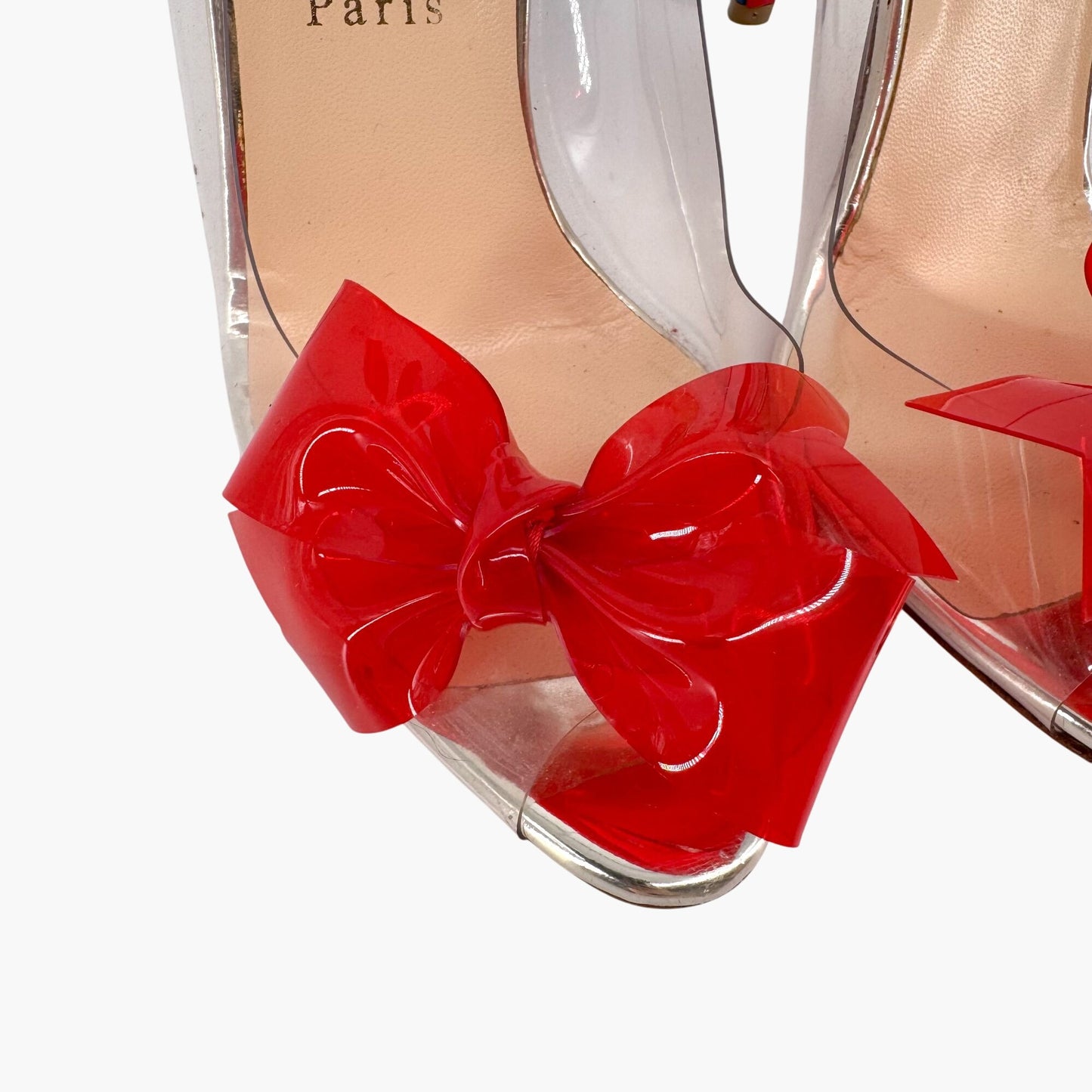 Christian Louboutin Tip Peep Toe Pumps in Clear PVC with Red Bow – Size 41