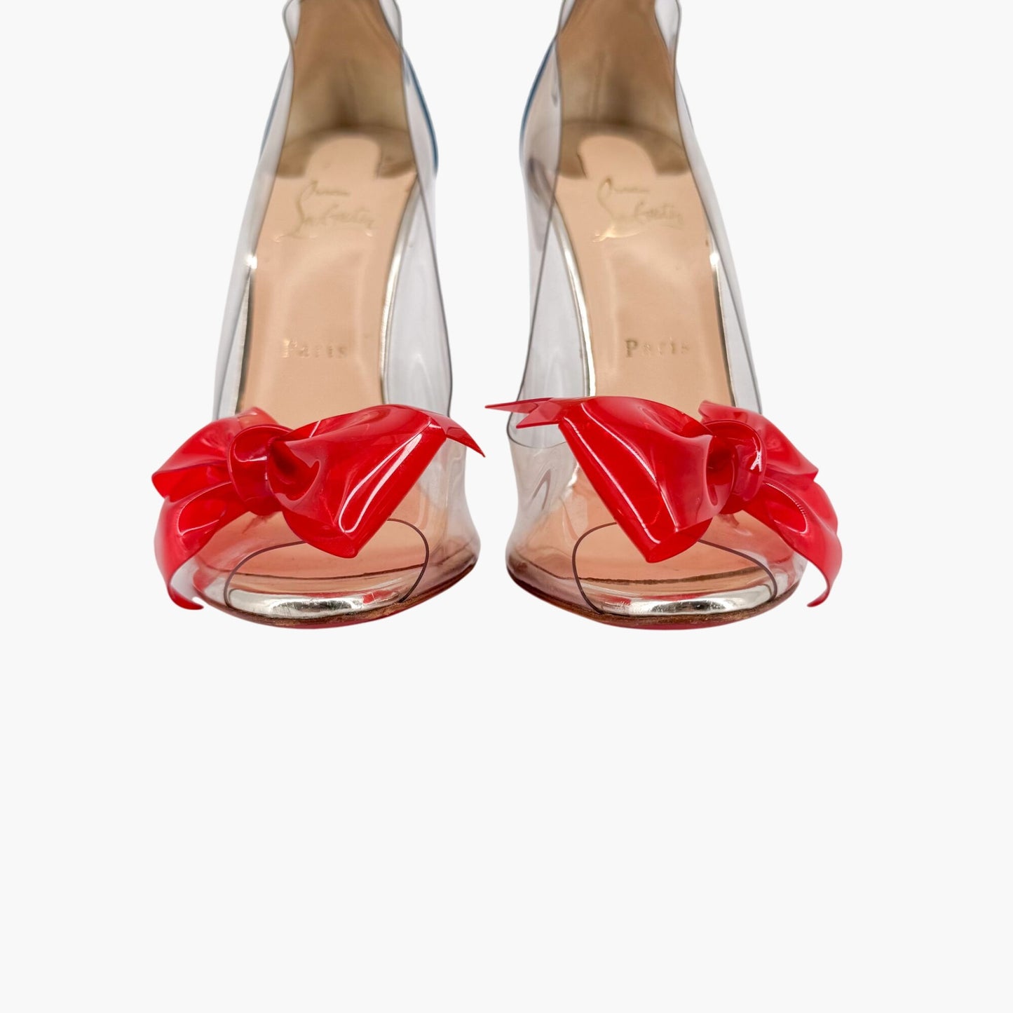 Christian Louboutin Tip Peep Toe Pumps in Clear PVC with Red Bow – Size 41