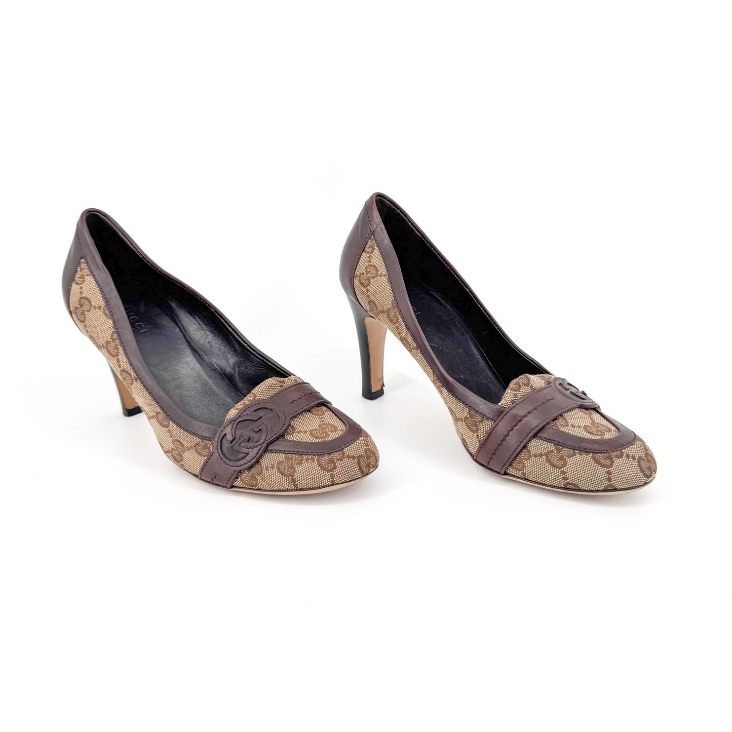 Gucci Interlocking G Loafer Pumps in Beige GG Canvas with Block Heel – Size 7
