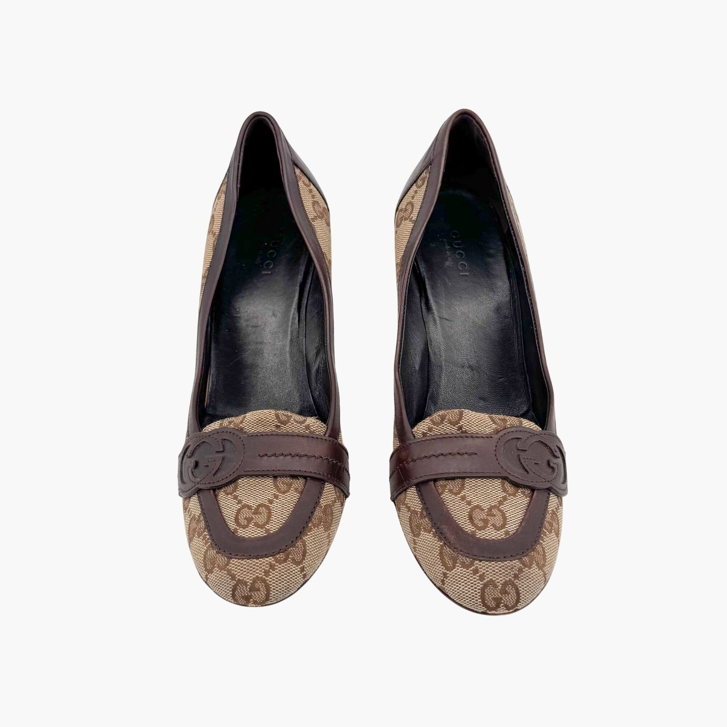 Gucci Interlocking G Loafer Pumps in Beige GG Canvas with Block Heel – Size 7