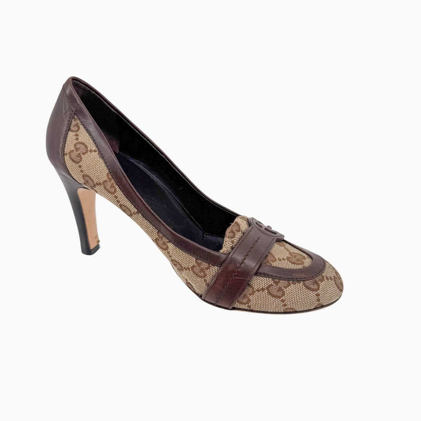 Gucci Interlocking G Loafer Pumps in Beige GG Canvas with Block Heel – Size 7