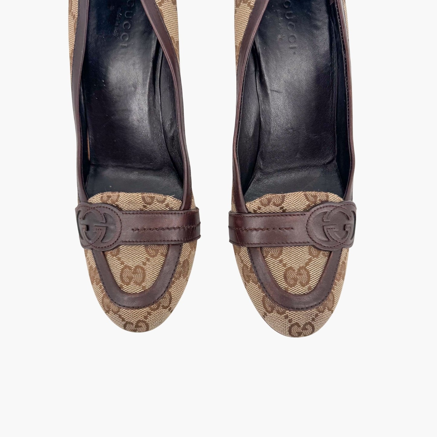 Gucci Interlocking G Loafer Pumps in Beige GG Canvas with Block Heel – Size 7