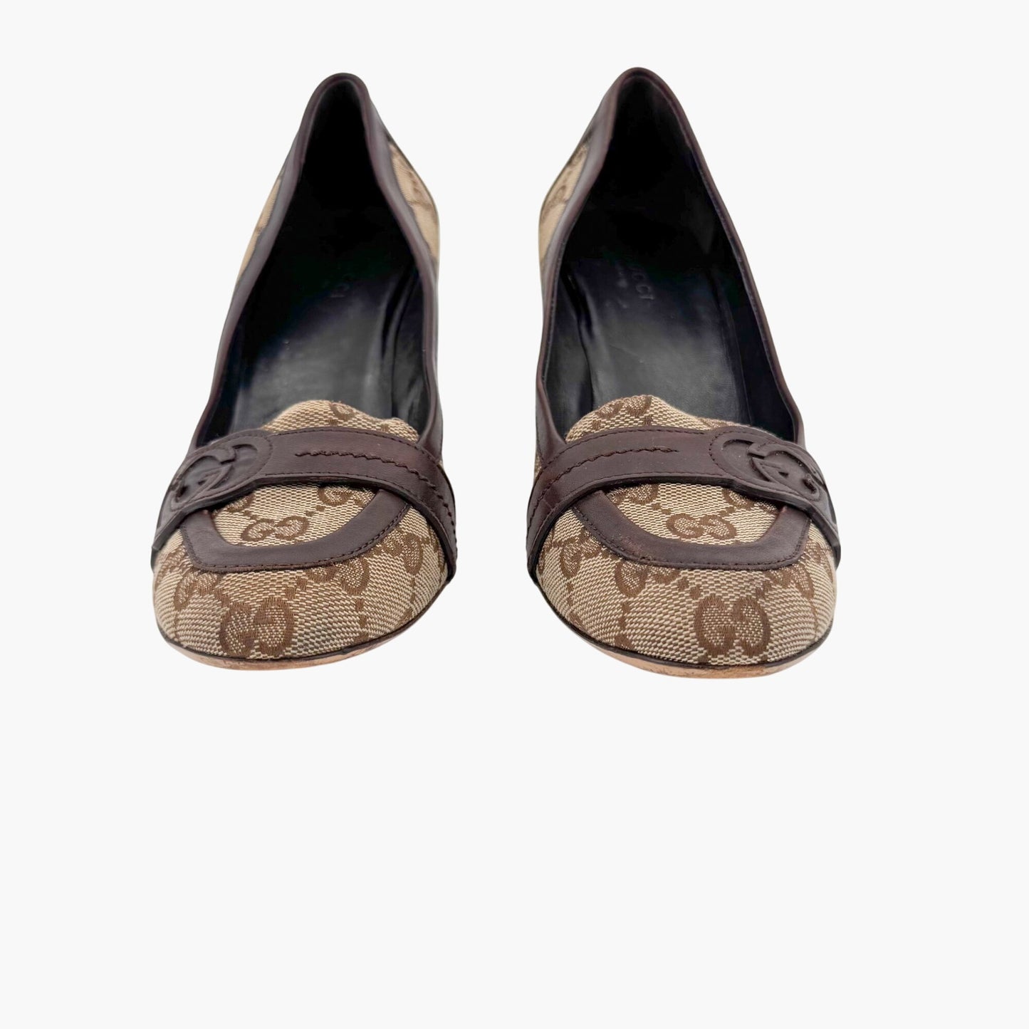 Gucci Interlocking G Loafer Pumps in Beige GG Canvas with Block Heel – Size 7