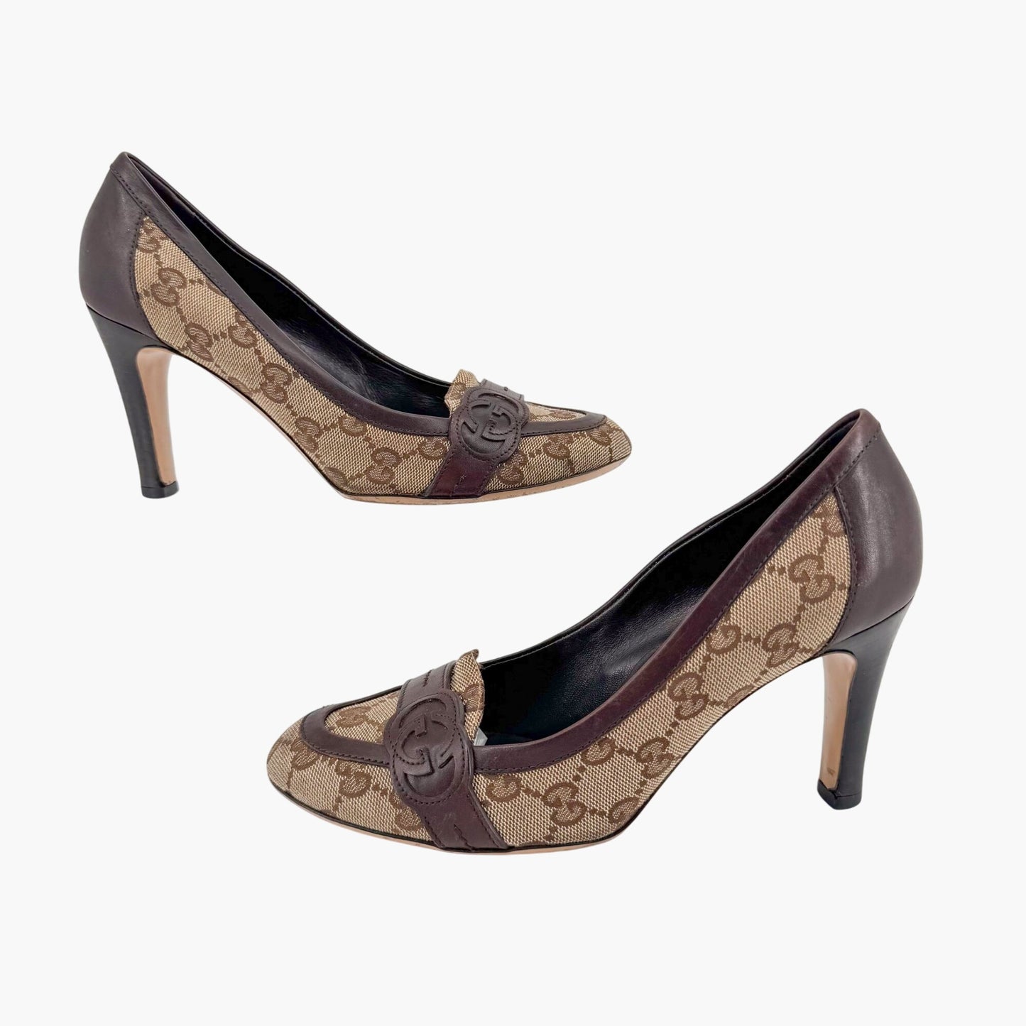 Gucci Interlocking G Loafer Pumps in Beige GG Canvas with Block Heel – Size 7
