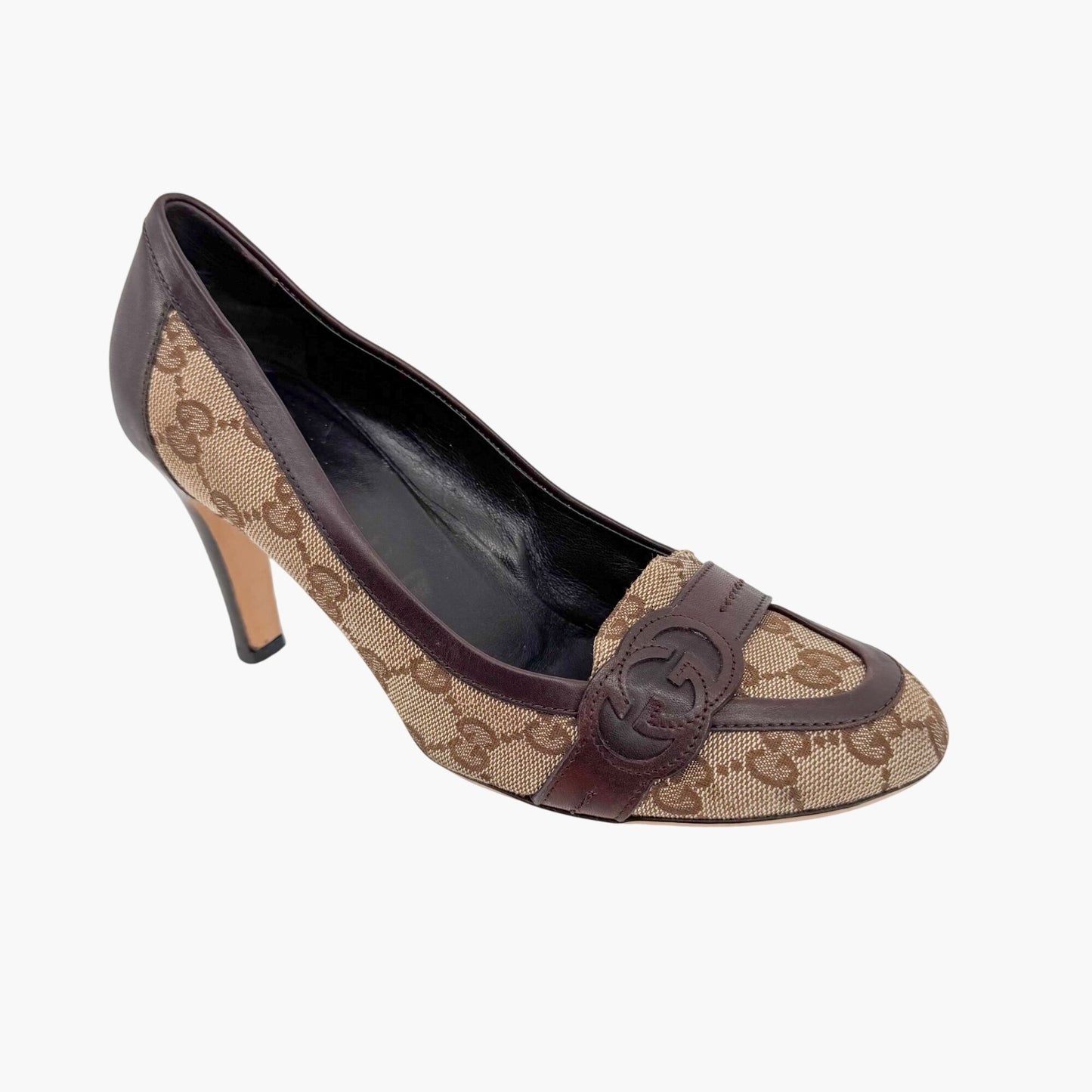 Gucci Interlocking G Loafer Pumps in Beige GG Canvas with Block Heel – Size 7
