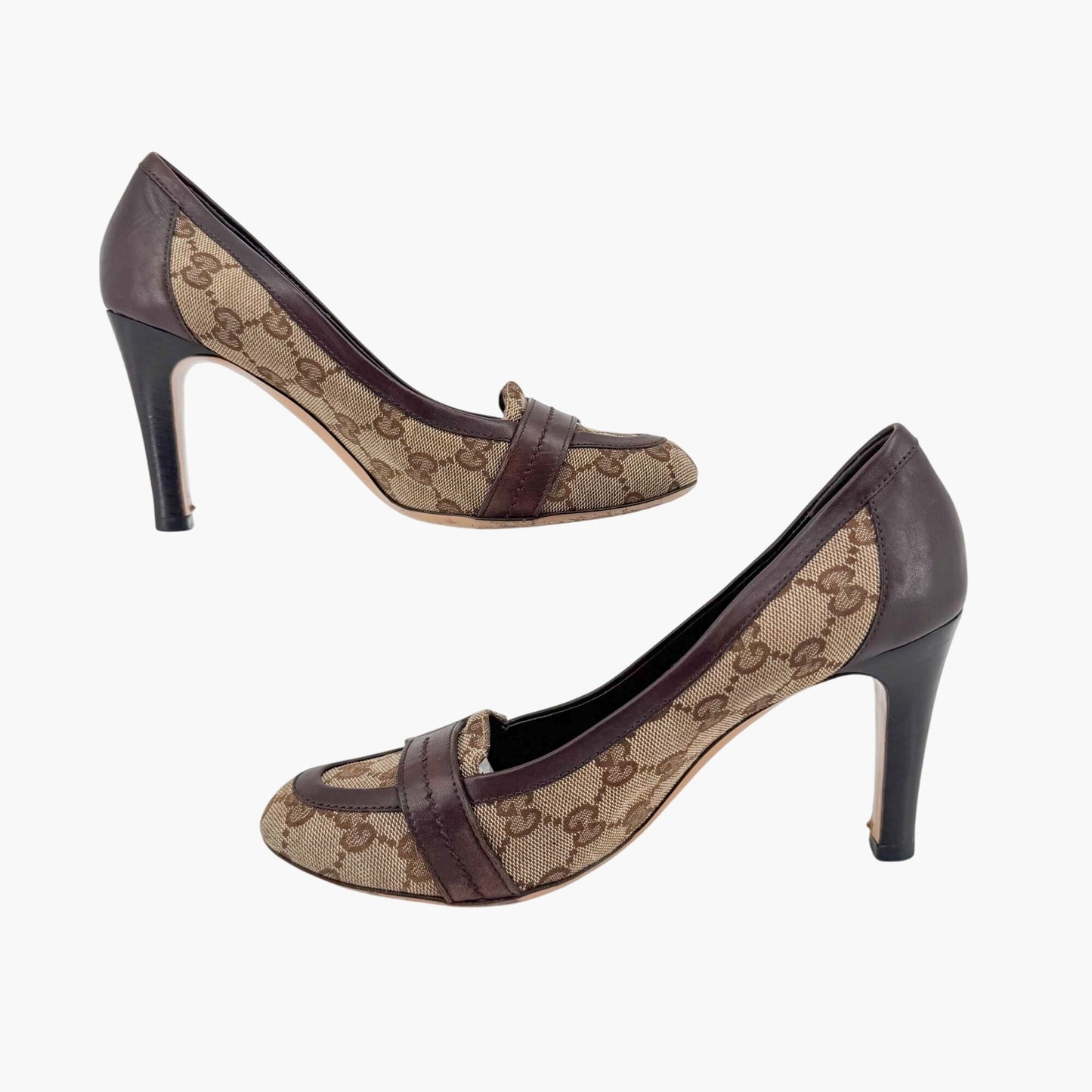 Gucci Interlocking G Loafer Pumps in Beige GG Canvas with Block Heel – Size 7