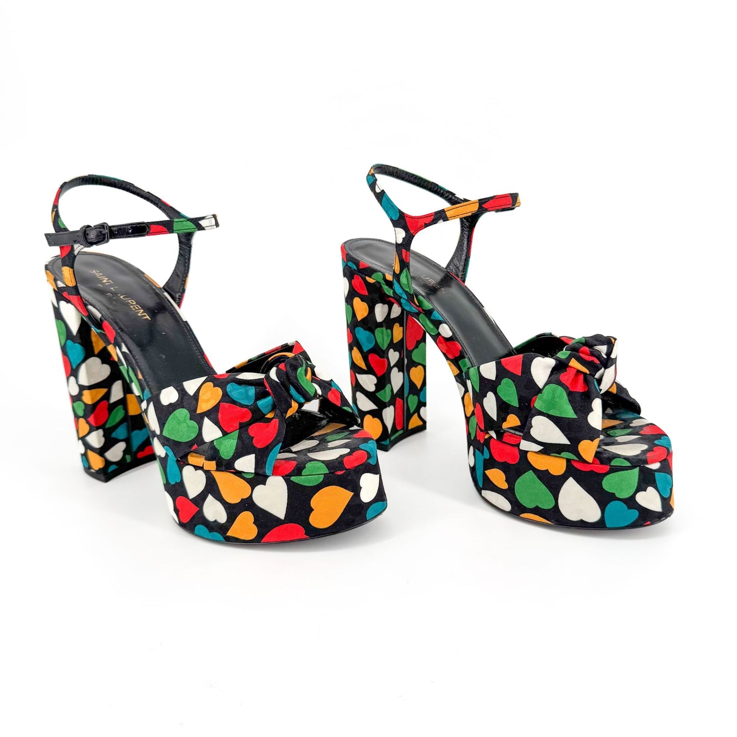 Saint Laurent Bianca Knotted Platform Sandals in Multicolor Heart Satin Size 38.5
