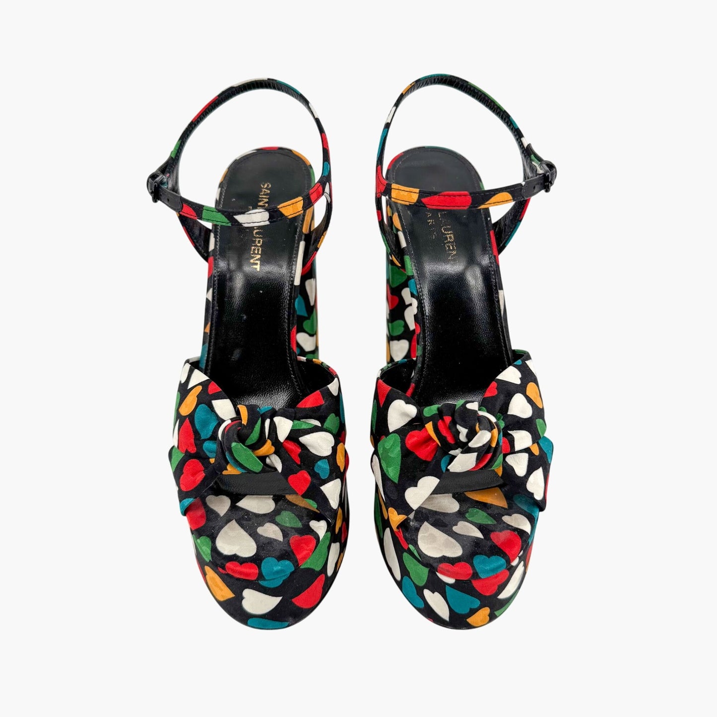 Saint Laurent Bianca Knotted Platform Sandals in Multicolor Heart Satin Size 38.5