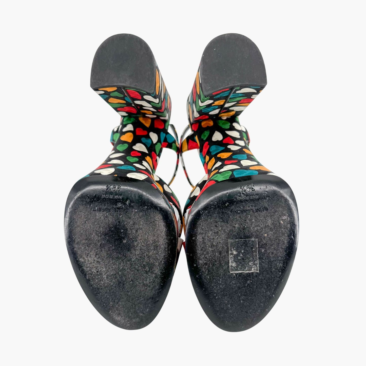 Saint Laurent Bianca Knotted Platform Sandals in Multicolor Heart Satin Size 38.5