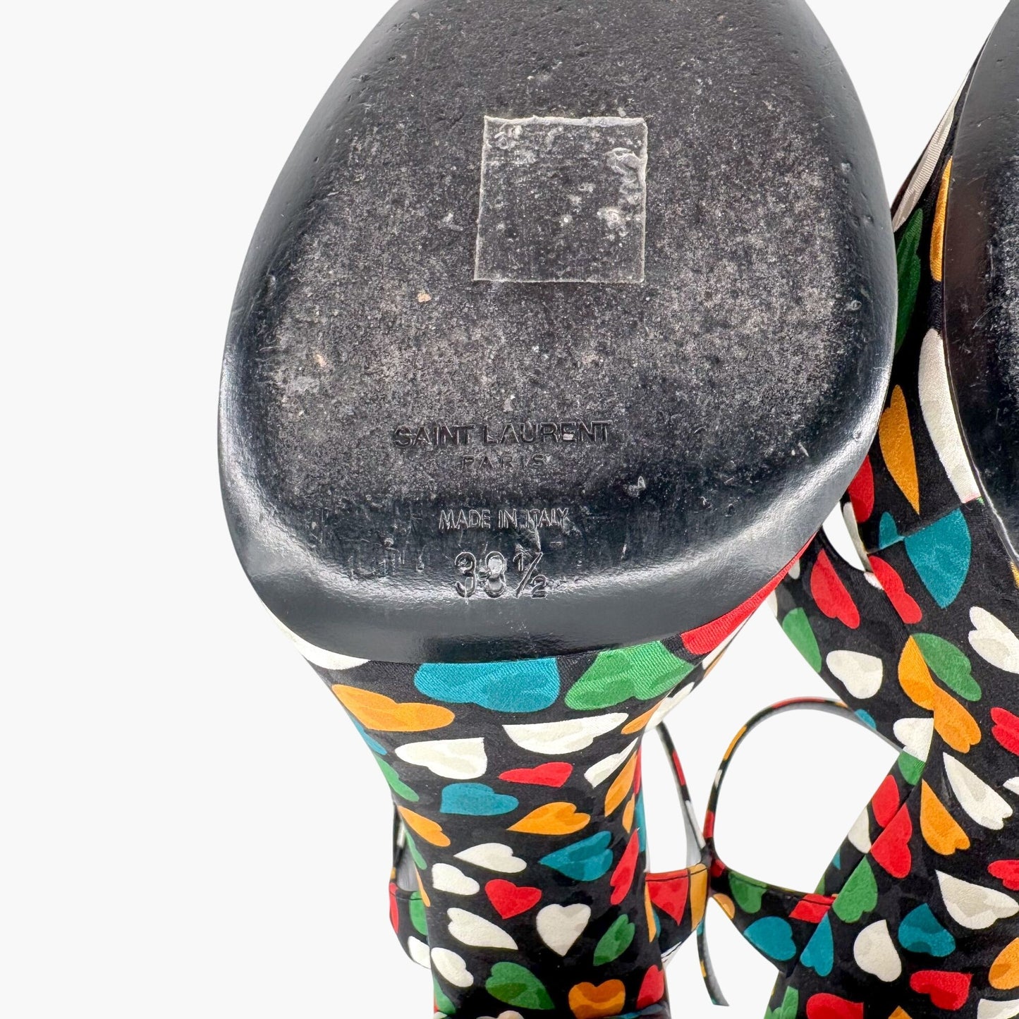 Saint Laurent Bianca Knotted Platform Sandals in Multicolor Heart Satin Size 38.5