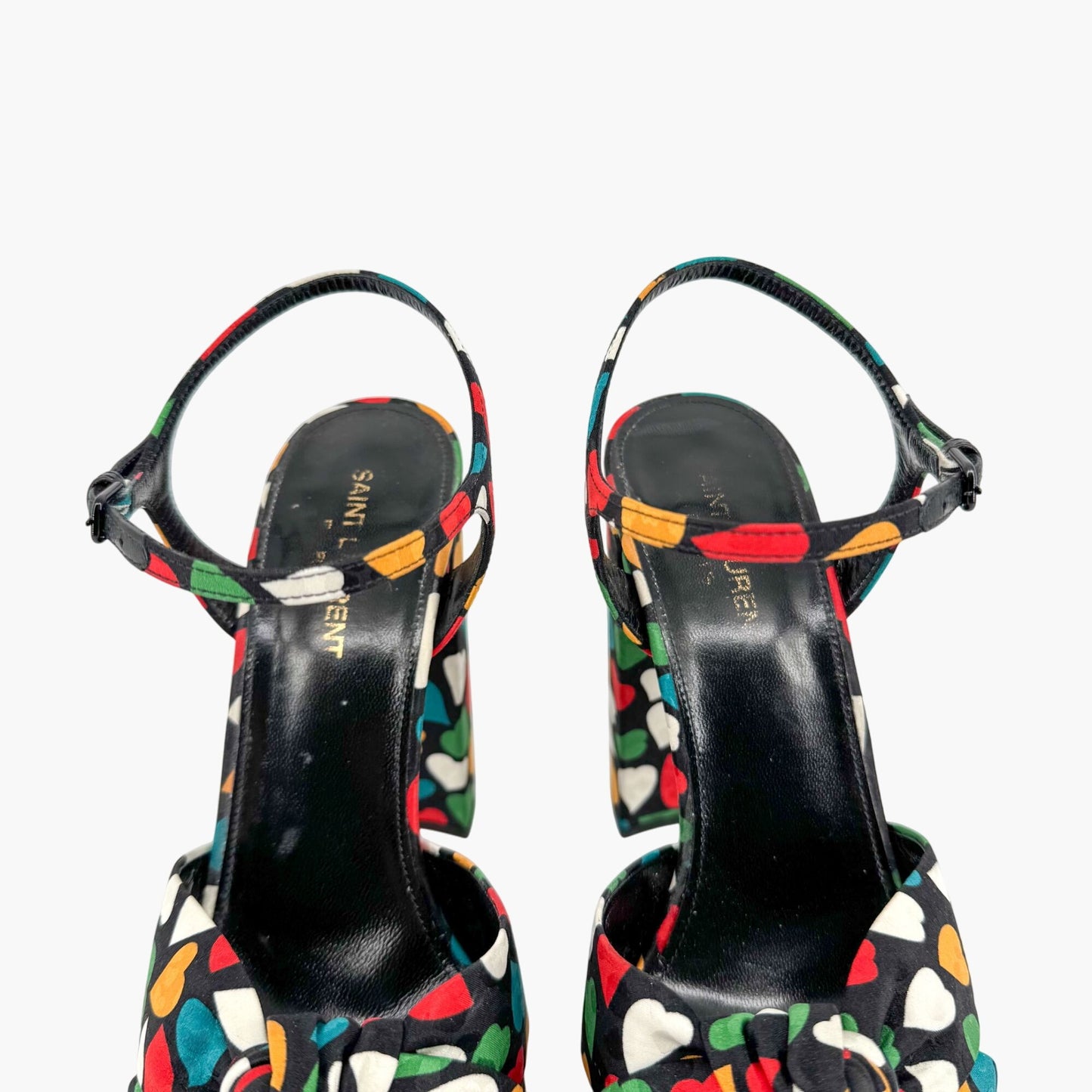 Saint Laurent Bianca Knotted Platform Sandals in Multicolor Heart Satin Size 38.5