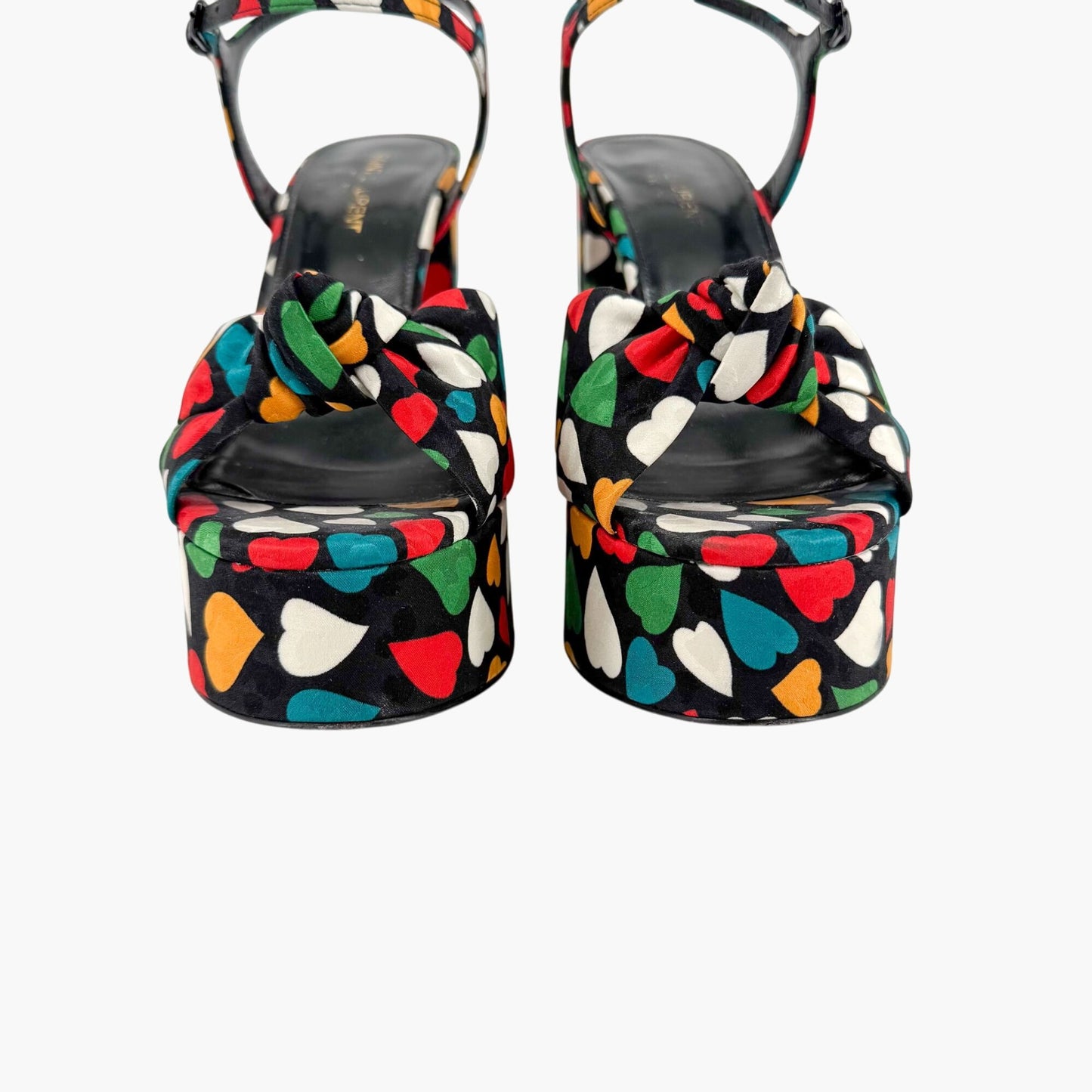 Saint Laurent Bianca Knotted Platform Sandals in Multicolor Heart Satin Size 38.5
