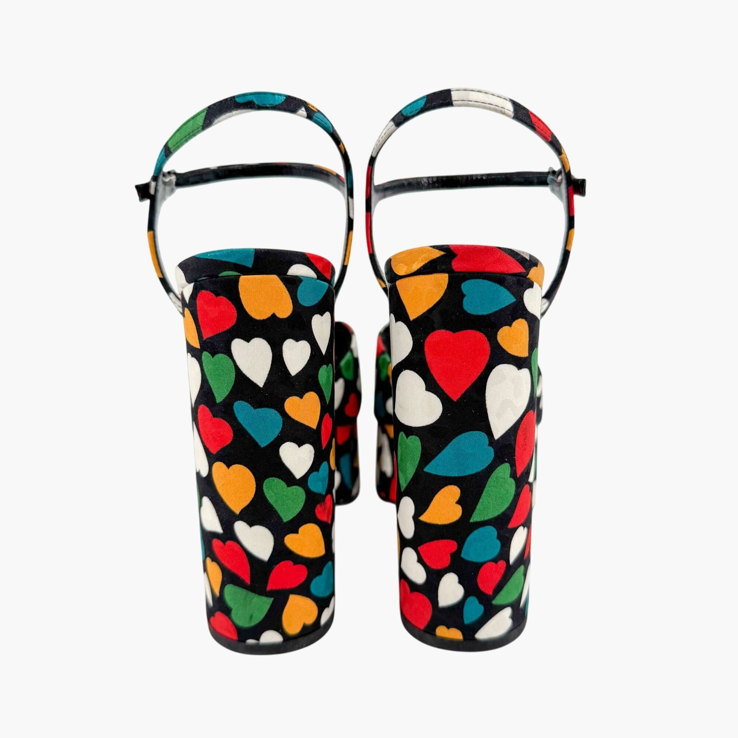Saint Laurent Bianca Knotted Platform Sandals in Multicolor Heart Satin Size 38.5