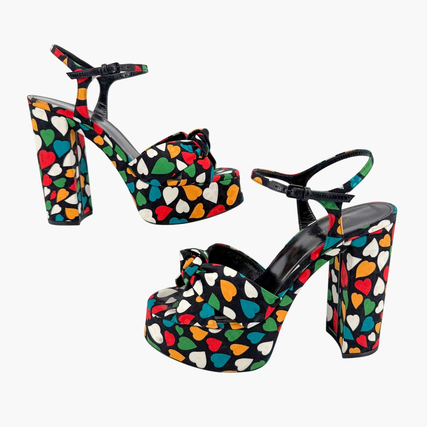 Saint Laurent Bianca Knotted Platform Sandals in Multicolor Heart Satin Size 38.5