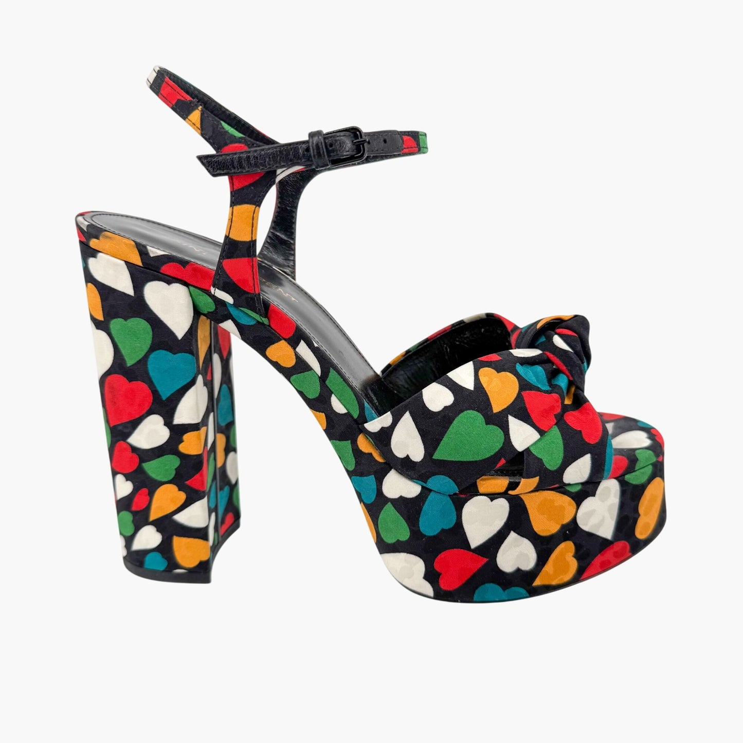 Saint Laurent Bianca Knotted Platform Sandals in Multicolor Heart Satin Size 38.5