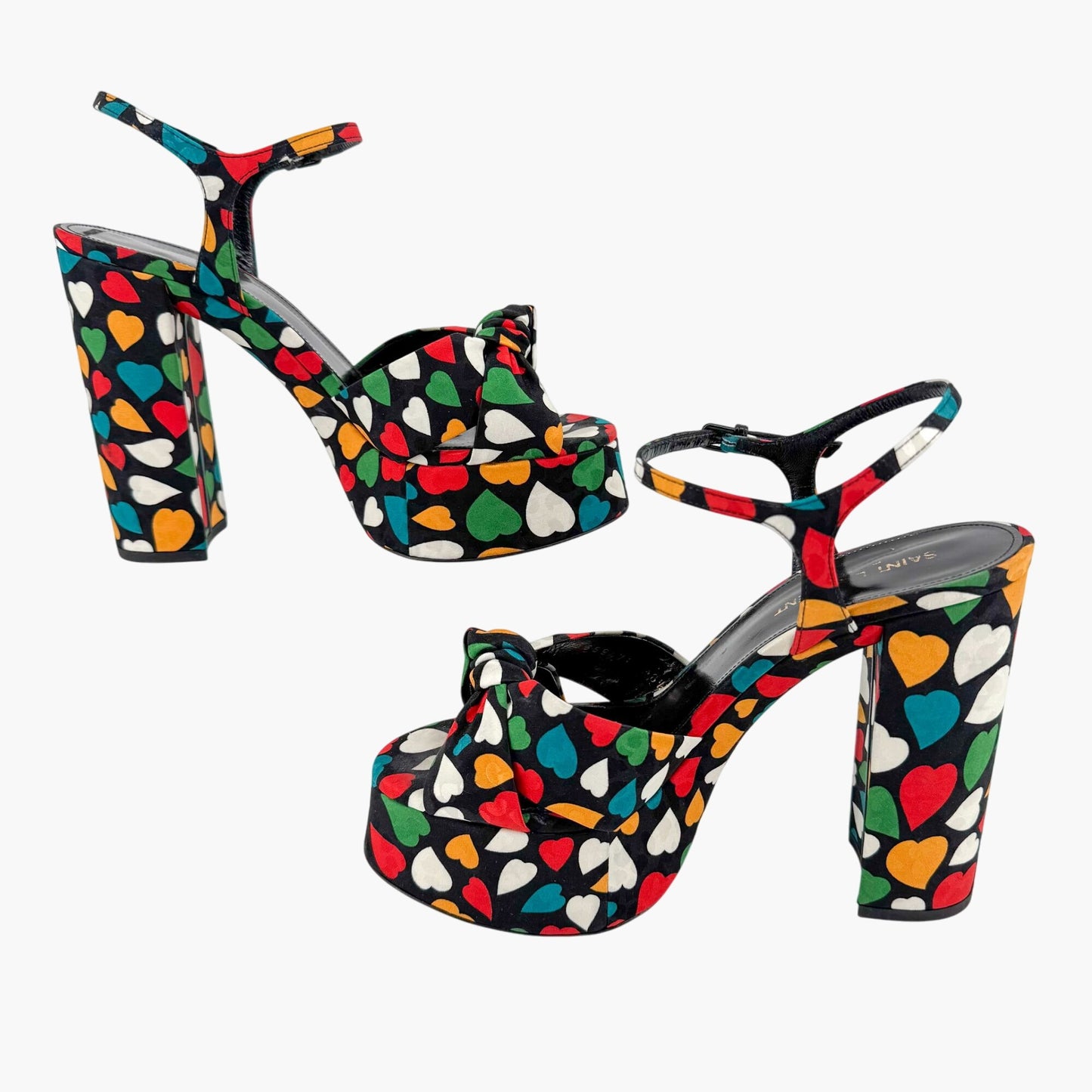 Saint Laurent Bianca Knotted Platform Sandals in Multicolor Heart Satin Size 38.5