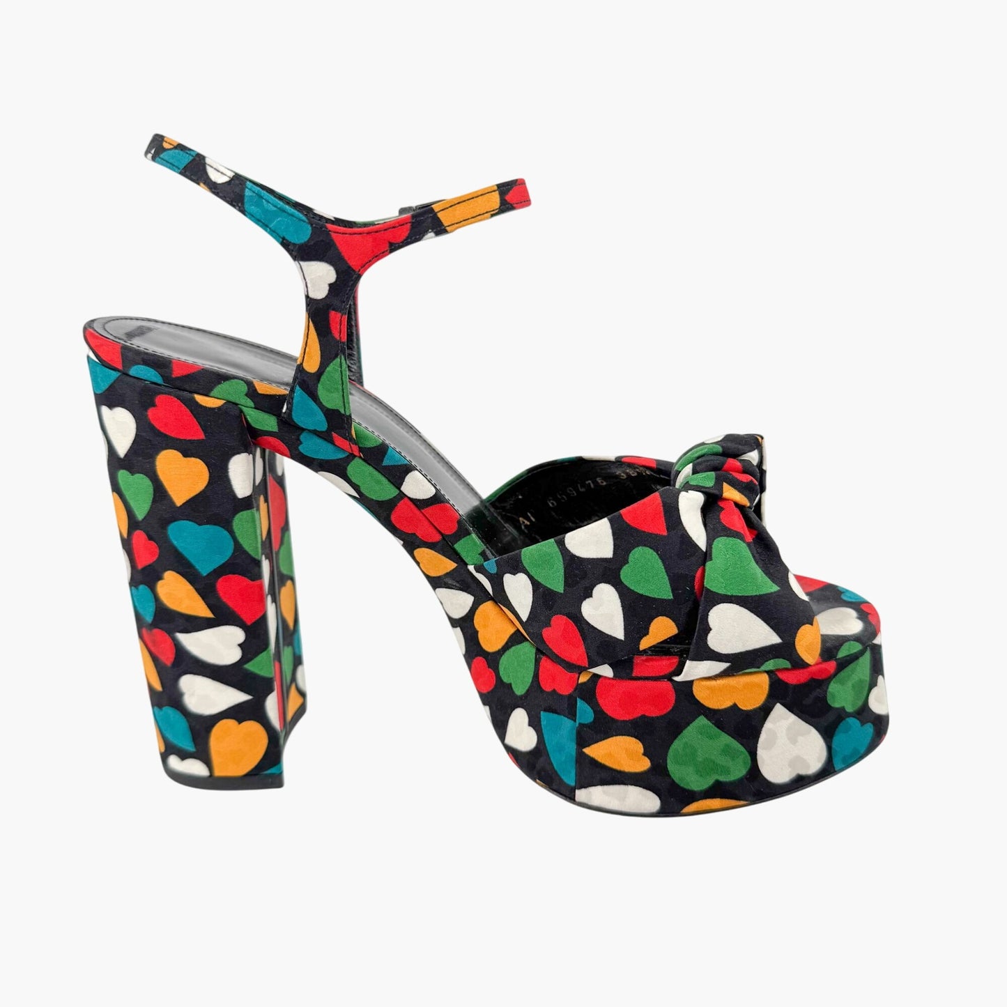 Saint Laurent Bianca Knotted Platform Sandals in Multicolor Heart Satin Size 38.5