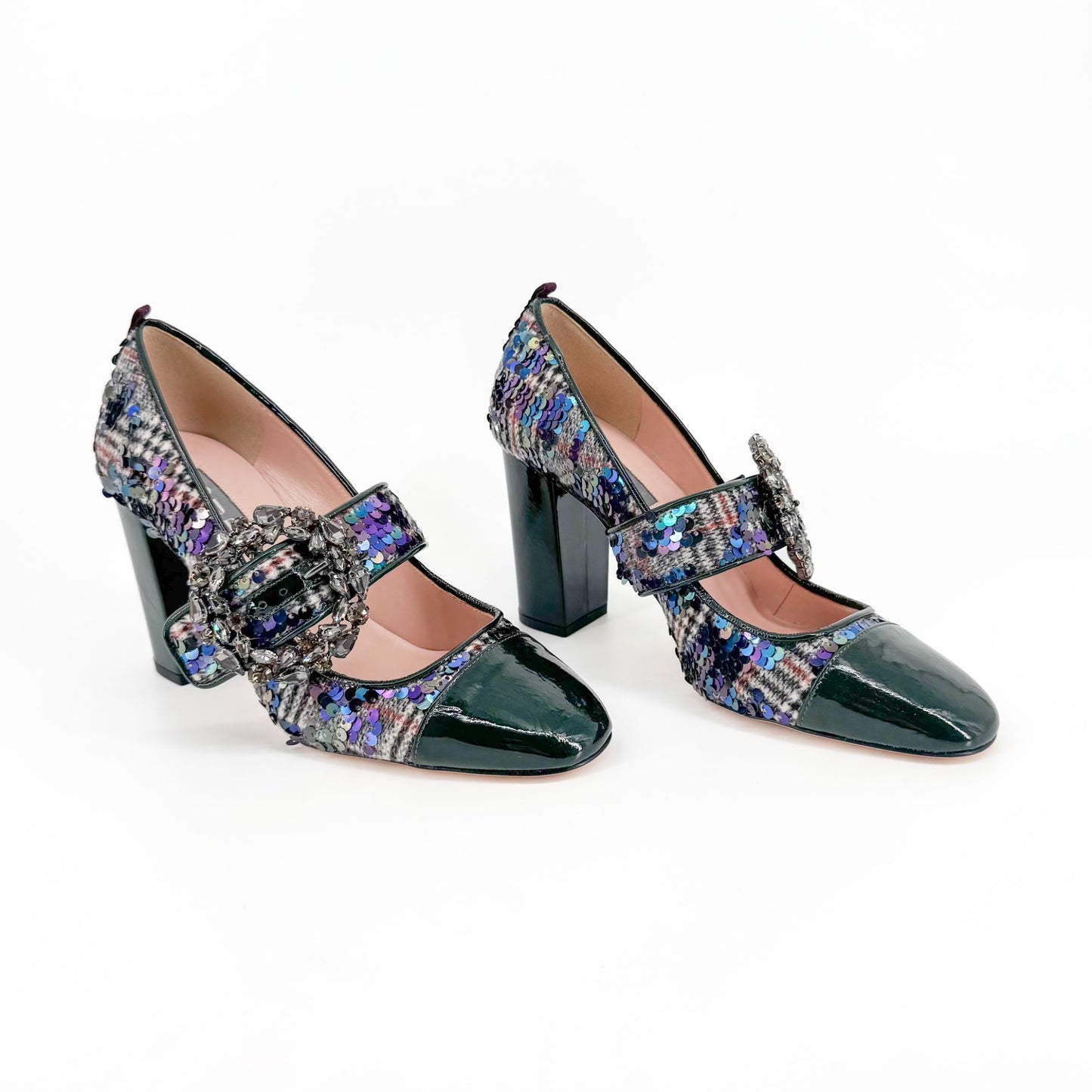SJP by Sarah Jessica Parker Winnie Crystal Buckle Mary Jane Pumps in Sequined Tartan Size 37