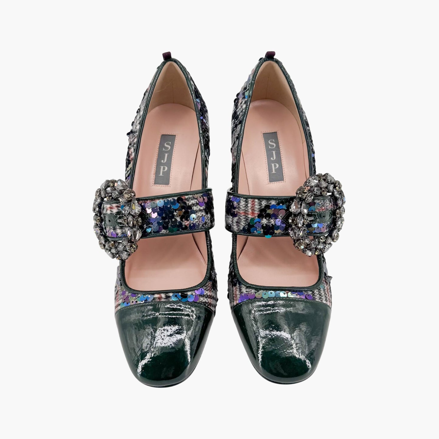 SJP by Sarah Jessica Parker Winnie Crystal Buckle Mary Jane Pumps in Sequined Tartan Size 37