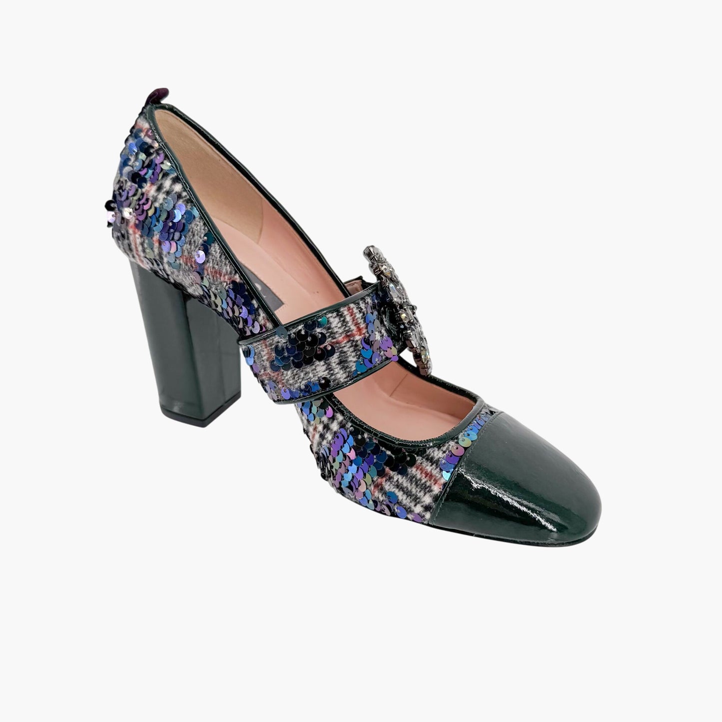 SJP by Sarah Jessica Parker Winnie Crystal Buckle Mary Jane Pumps in Sequined Tartan Size 37