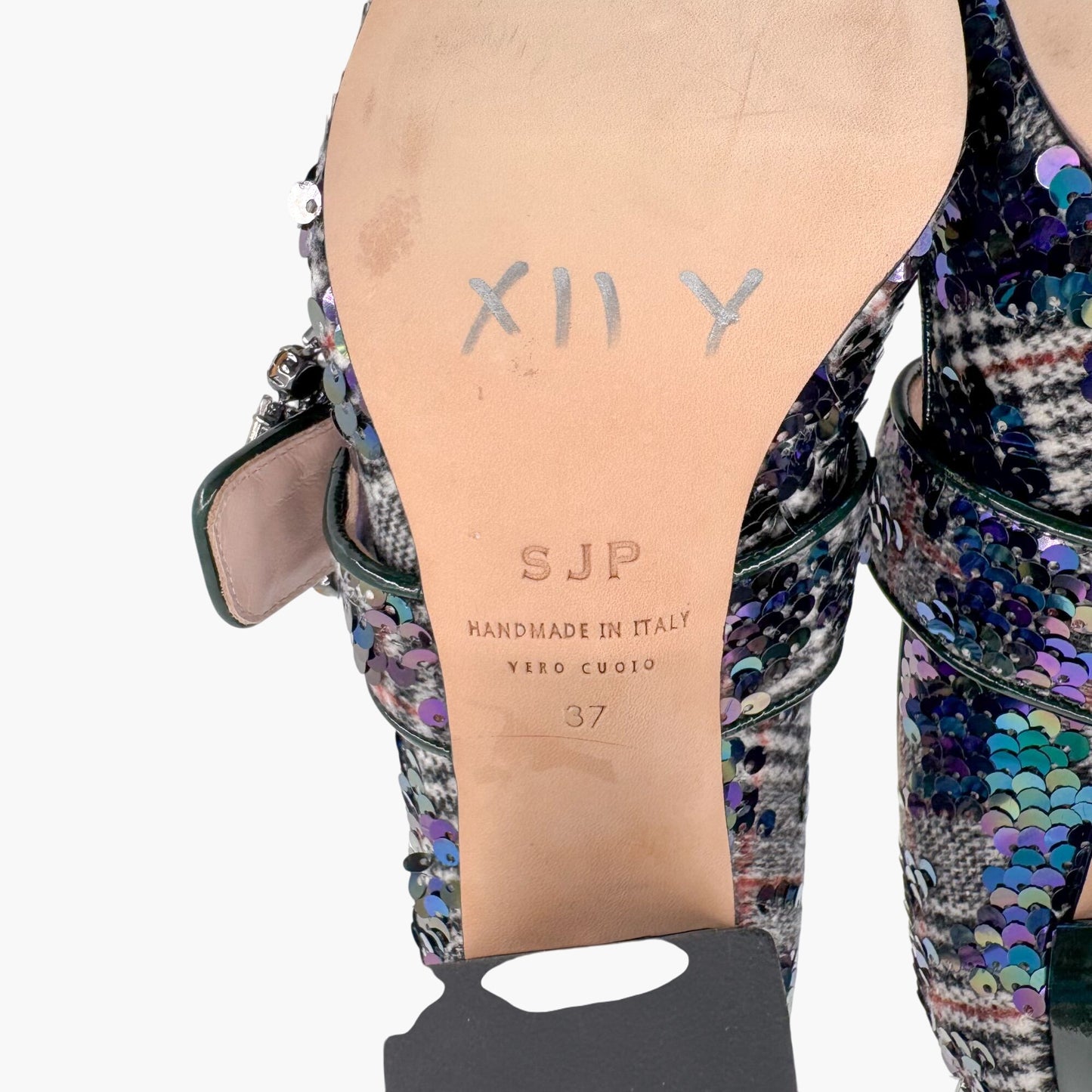 SJP by Sarah Jessica Parker Winnie Crystal Buckle Mary Jane Pumps in Sequined Tartan Size 37