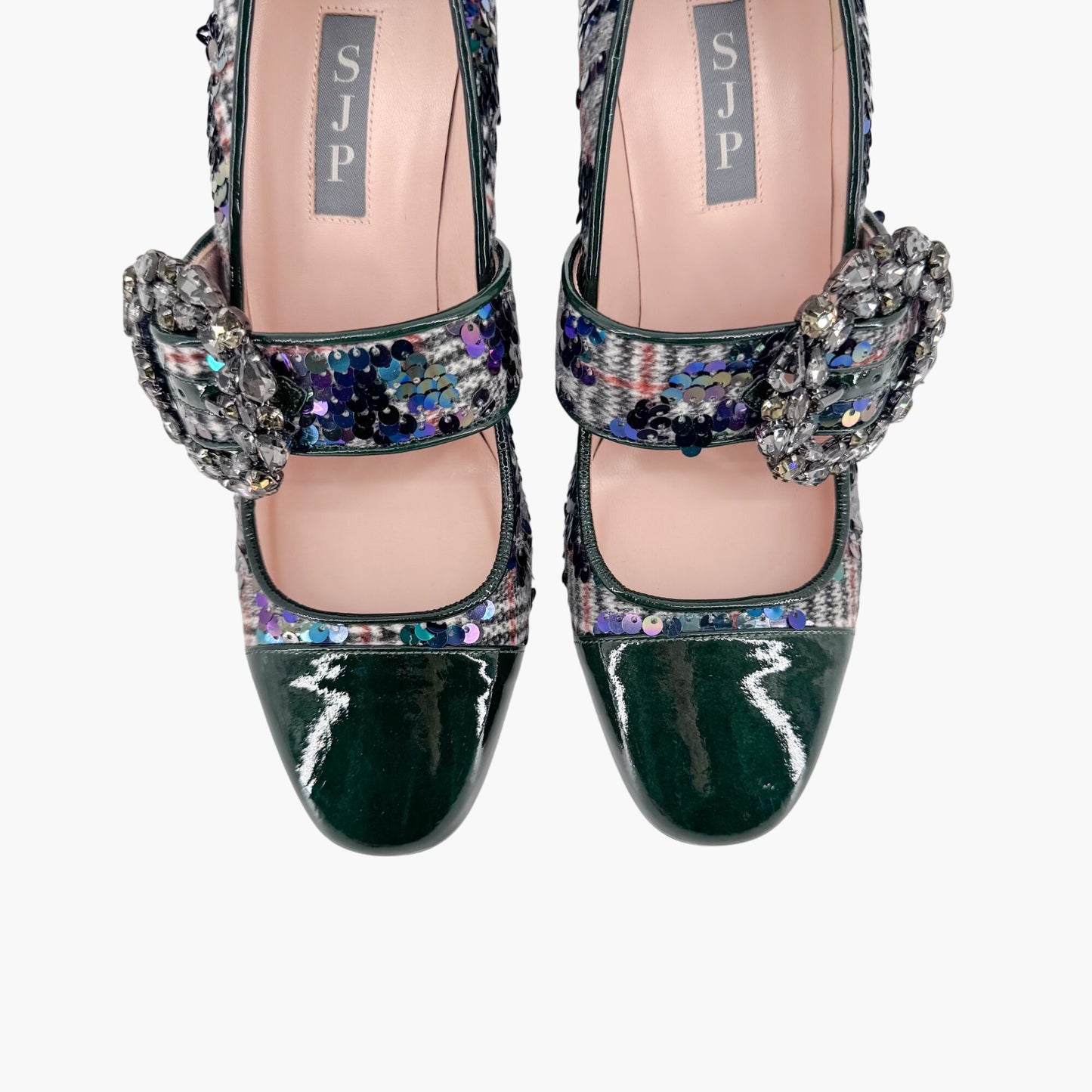 SJP by Sarah Jessica Parker Winnie Crystal Buckle Mary Jane Pumps in Sequined Tartan Size 37