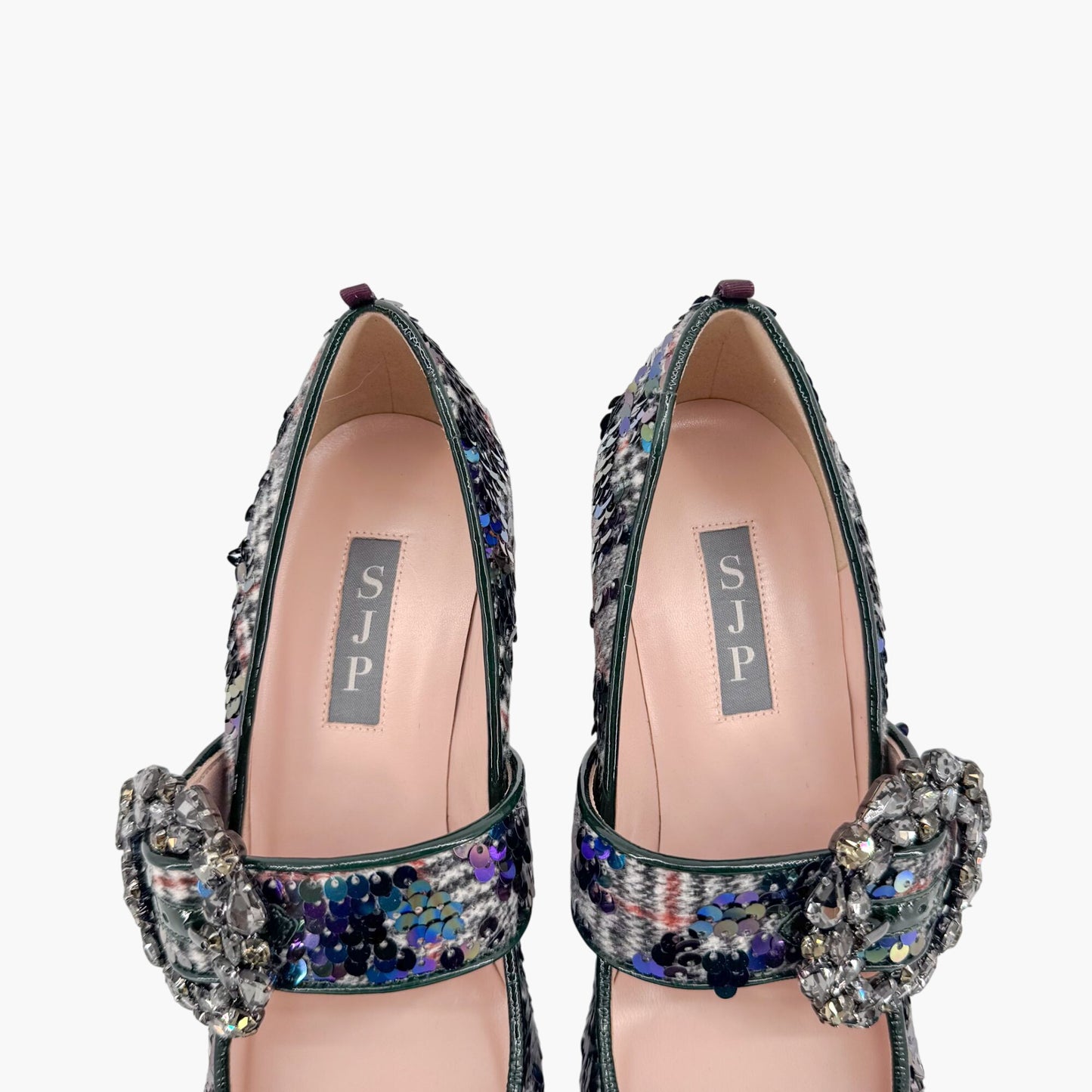 SJP by Sarah Jessica Parker Winnie Crystal Buckle Mary Jane Pumps in Sequined Tartan Size 37