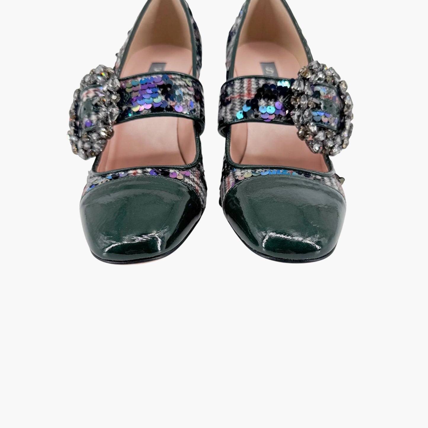 SJP by Sarah Jessica Parker Winnie Crystal Buckle Mary Jane Pumps in Sequined Tartan Size 37