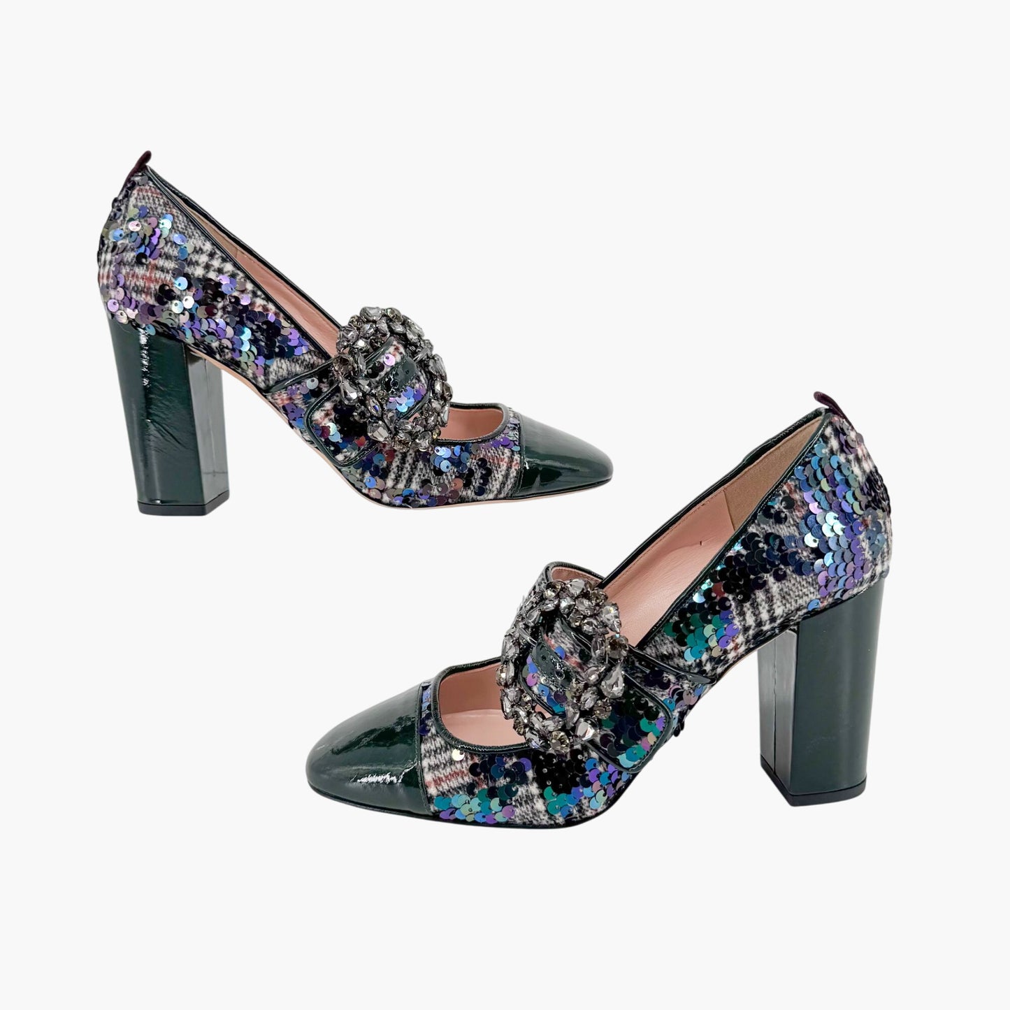 SJP by Sarah Jessica Parker Winnie Crystal Buckle Mary Jane Pumps in Sequined Tartan Size 37