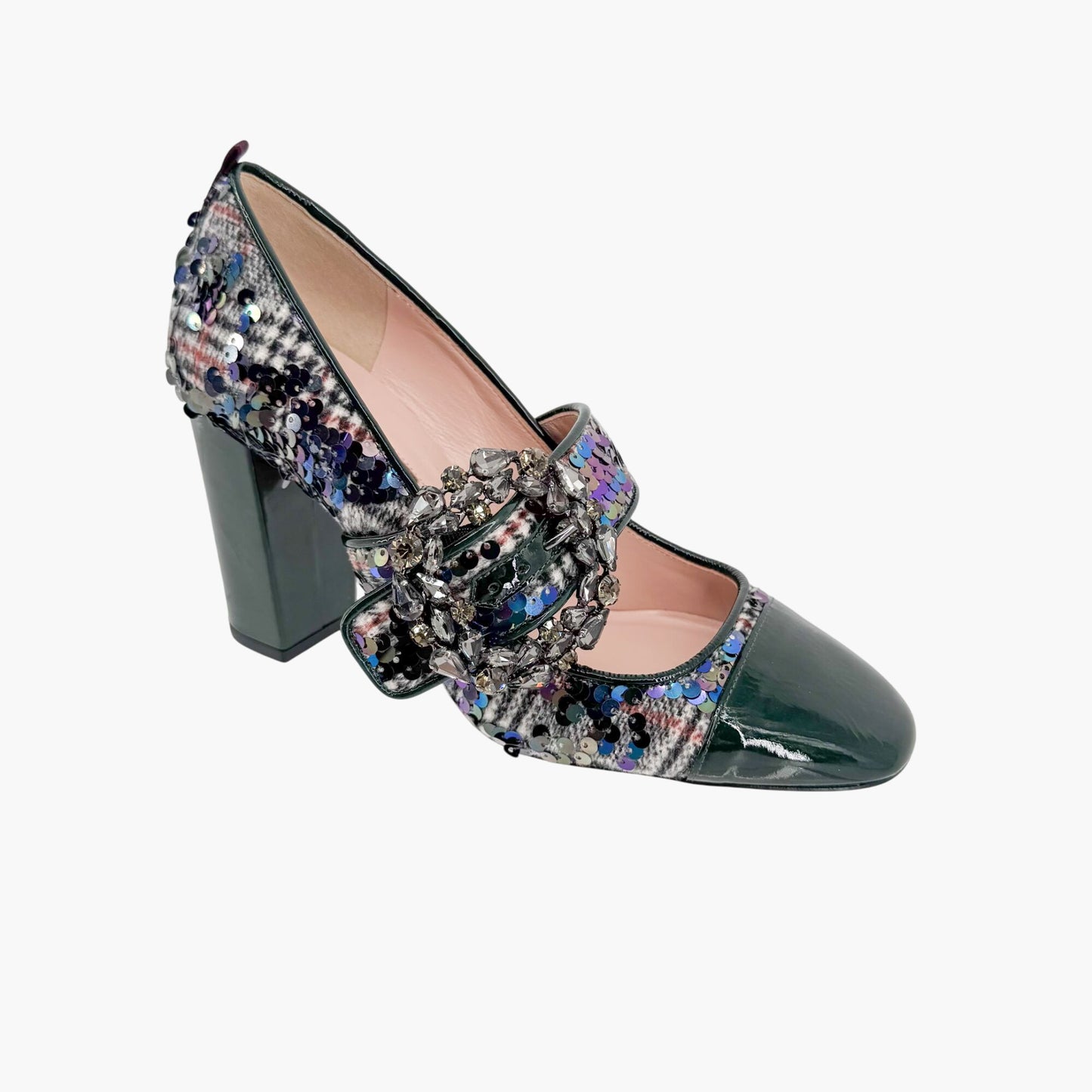 SJP by Sarah Jessica Parker Winnie Crystal Buckle Mary Jane Pumps in Sequined Tartan Size 37