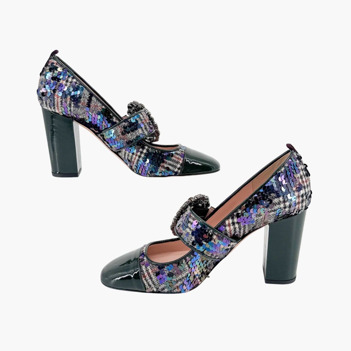 SJP by Sarah Jessica Parker Winnie Crystal Buckle Mary Jane Pumps in Sequined Tartan Size 37