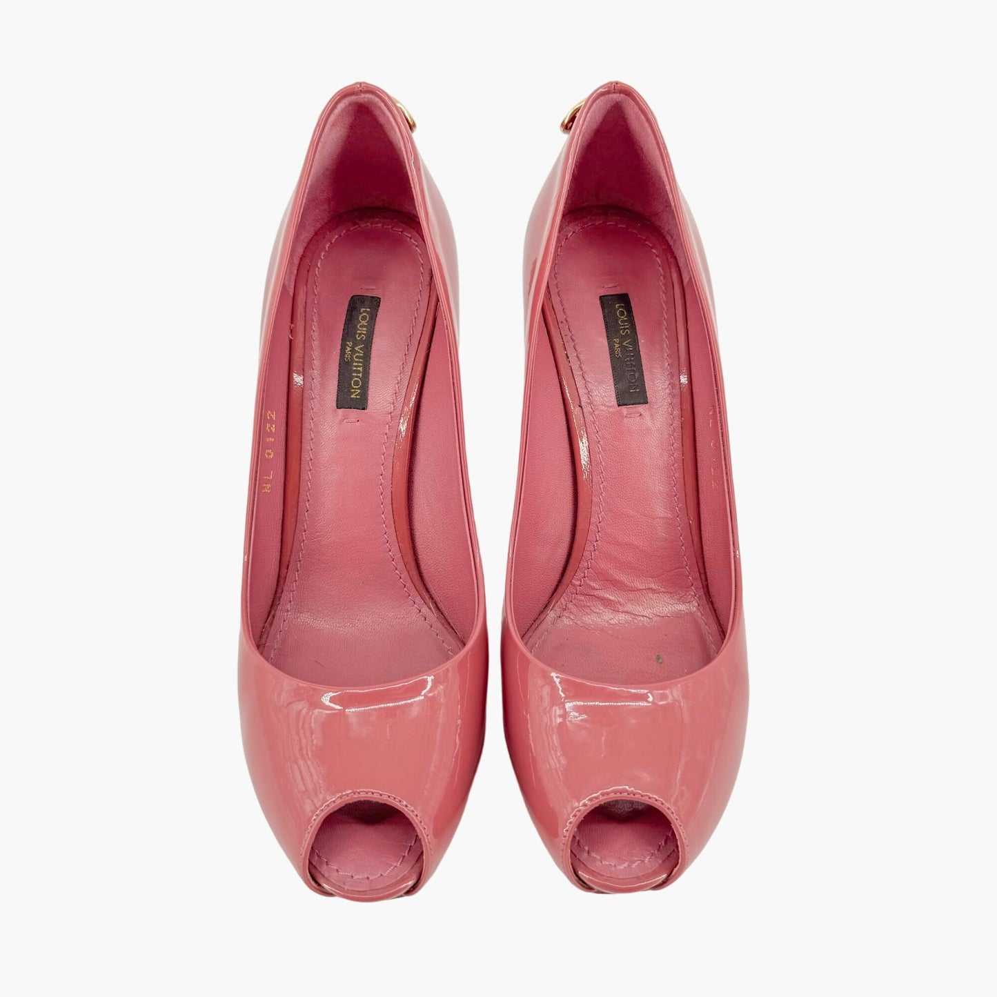 Louis Vuitton Oh Really Peep Toe Lock Pumps in Mauve Patent Leather Size 37