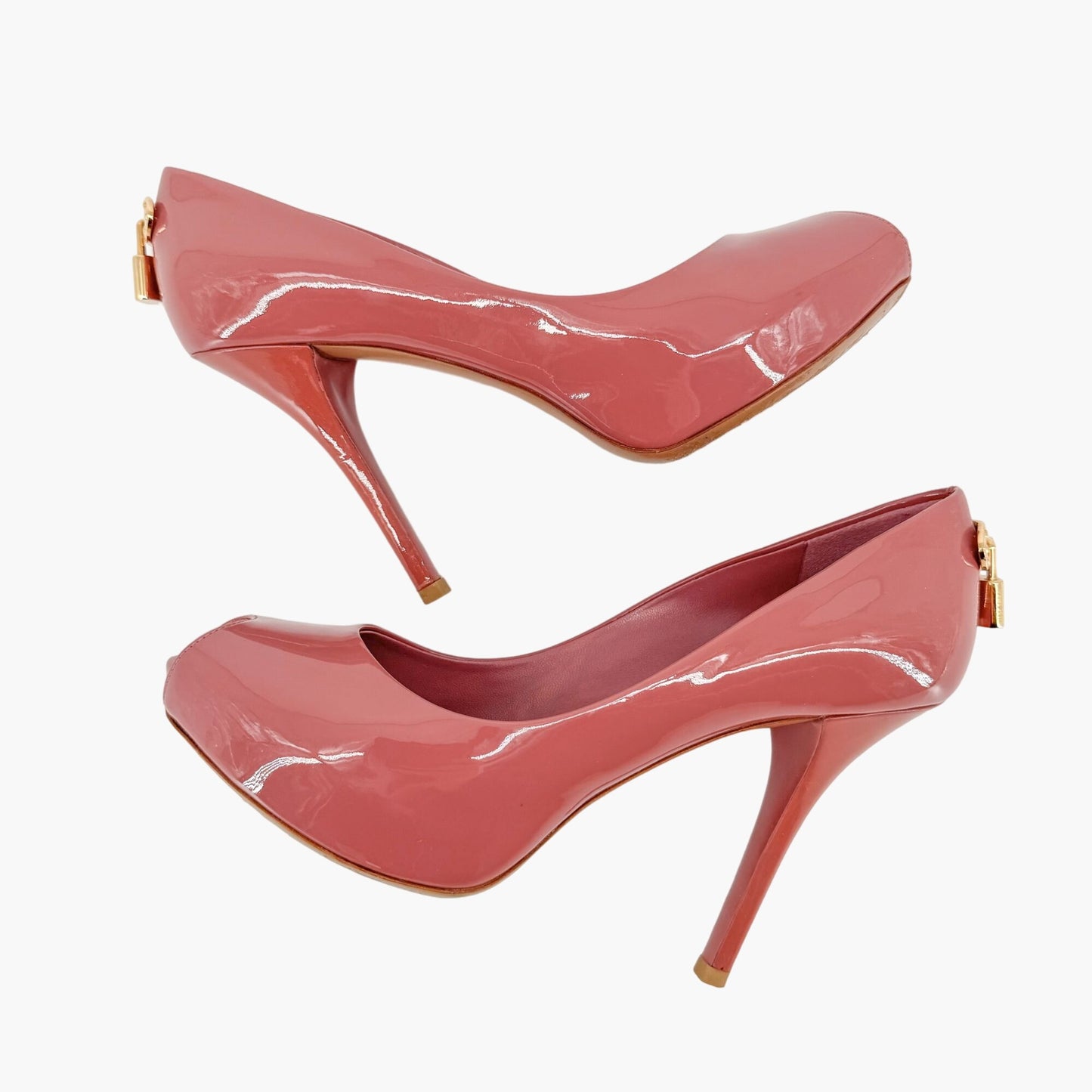 Louis Vuitton Oh Really Peep Toe Lock Pumps in Mauve Patent Leather Size 37