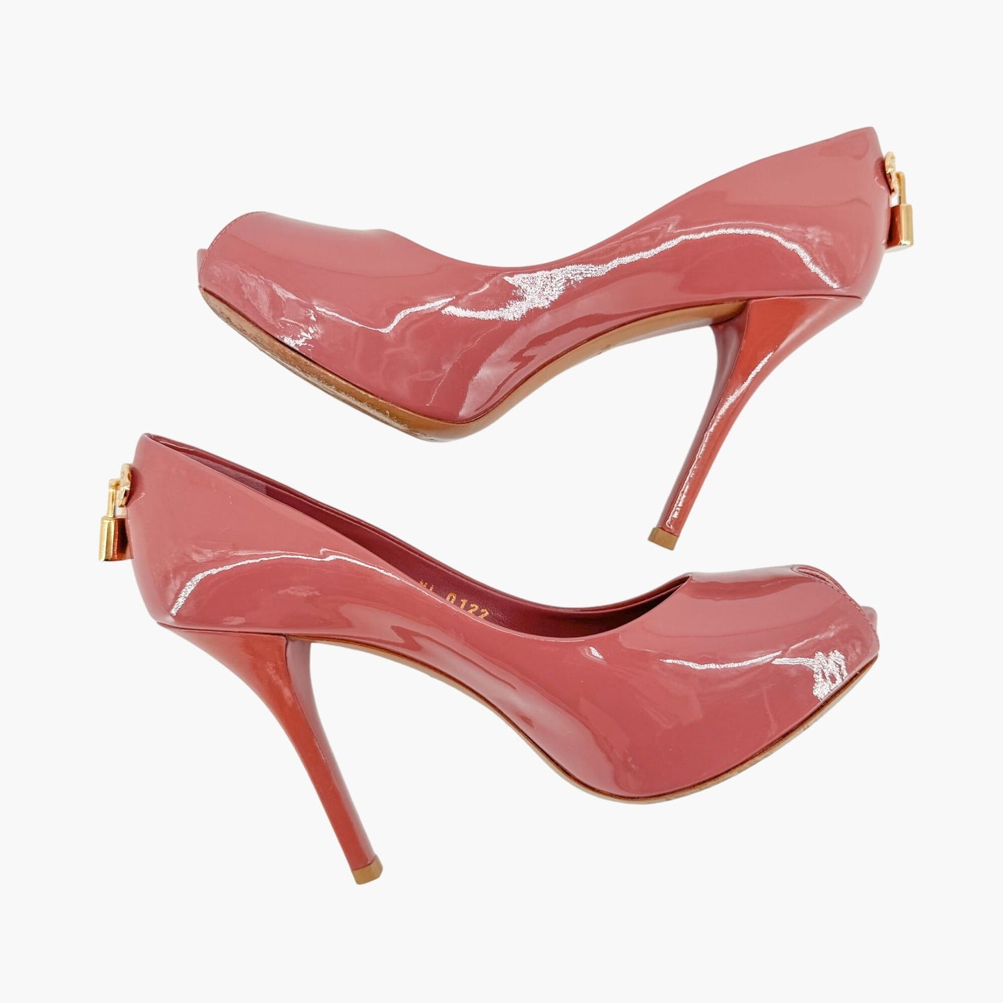 Louis Vuitton Oh Really Peep Toe Lock Pumps in Mauve Patent Leather Size 37