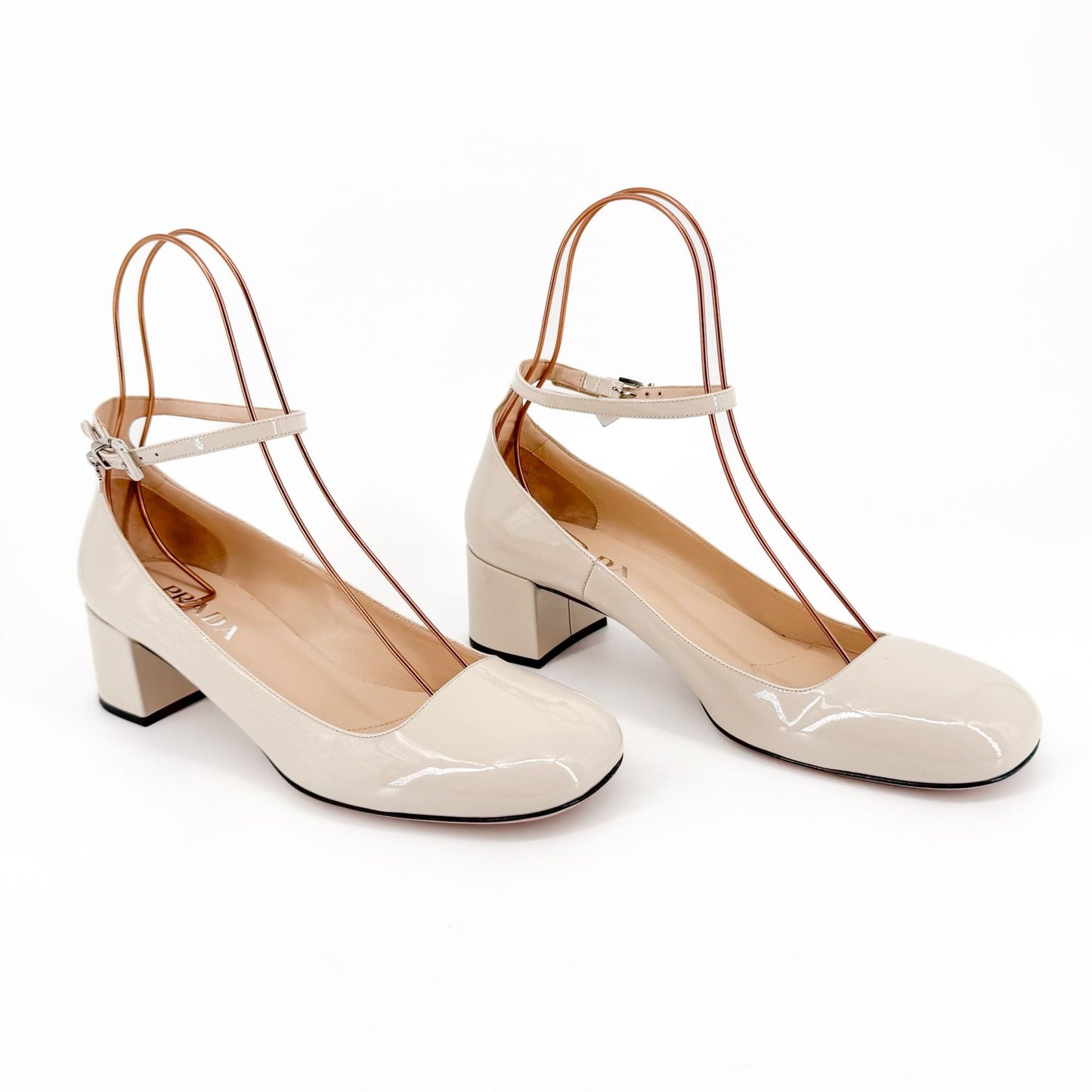 Prada Decolette Logo Mary Jane Pumps in Beige Patent Leather Size 40