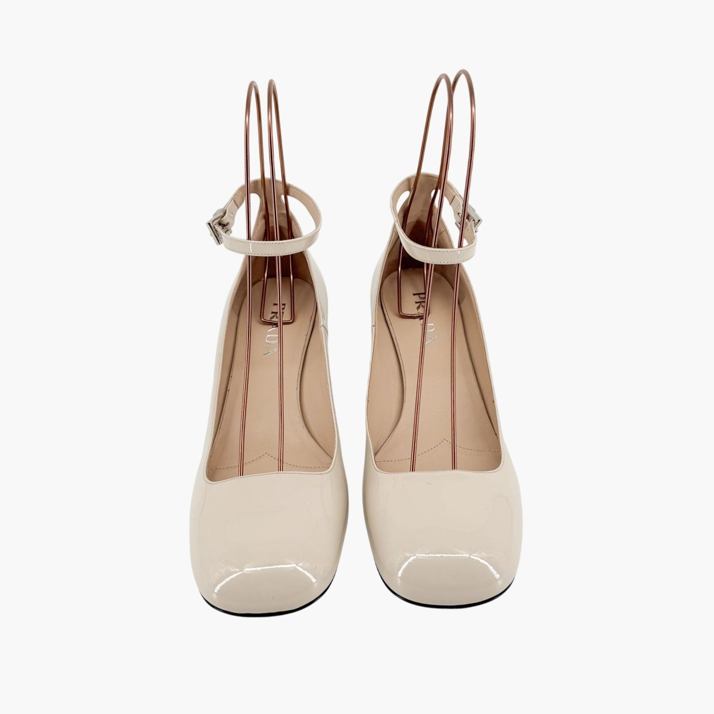 Prada Decolette Logo Mary Jane Pumps in Beige Patent Leather Size 40