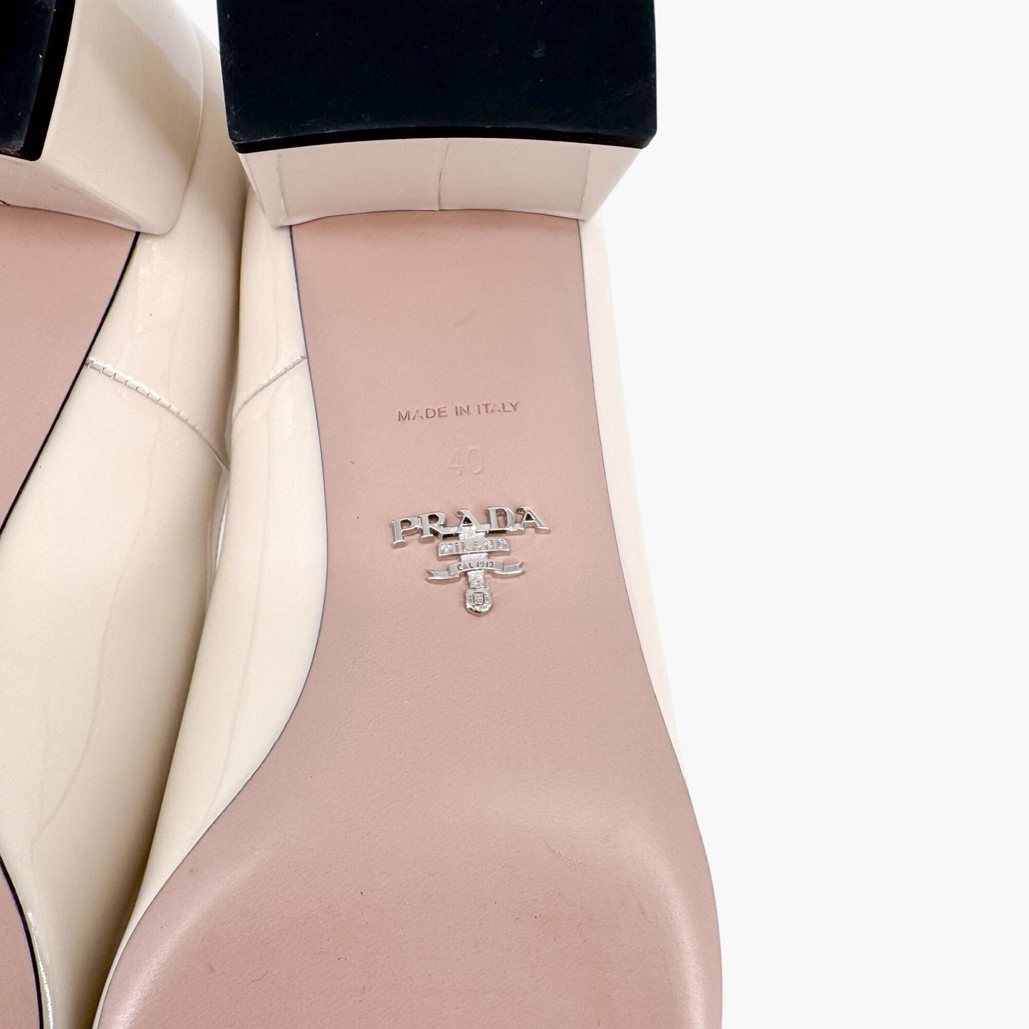 Prada Decolette Logo Mary Jane Pumps in Beige Patent Leather Size 40