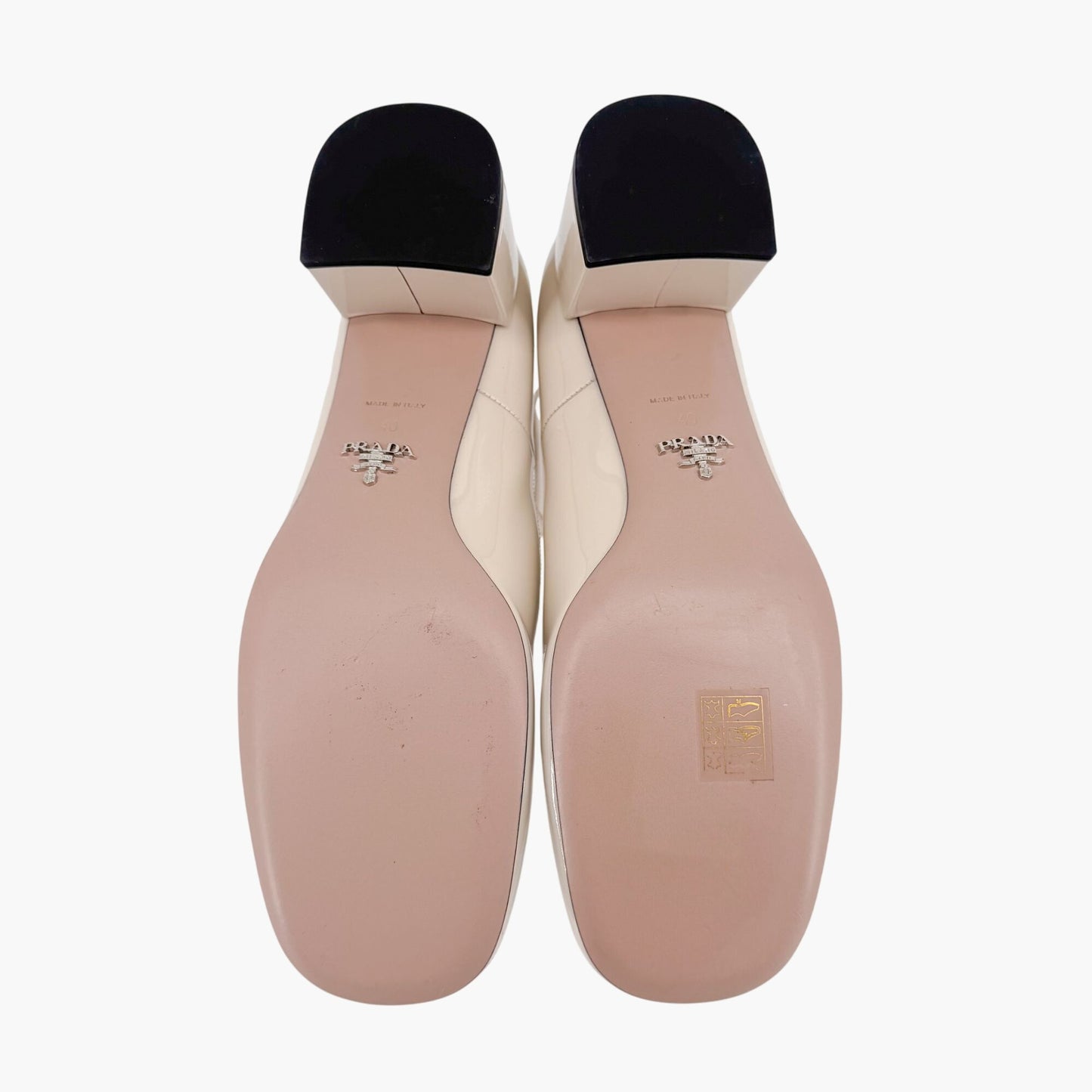 Prada Decolette Logo Mary Jane Pumps in Beige Patent Leather Size 40